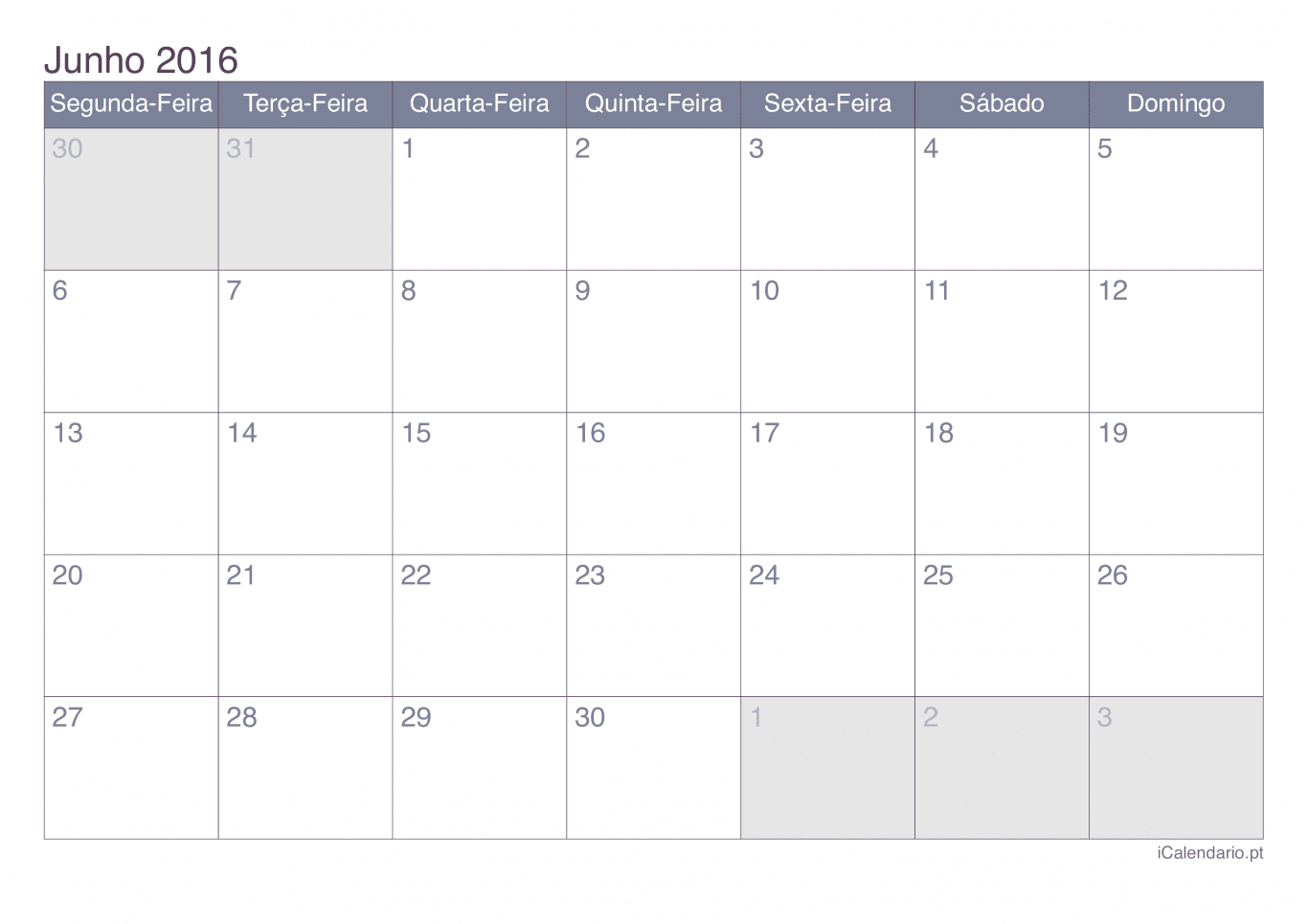 Calendário de junho 2016 - Office