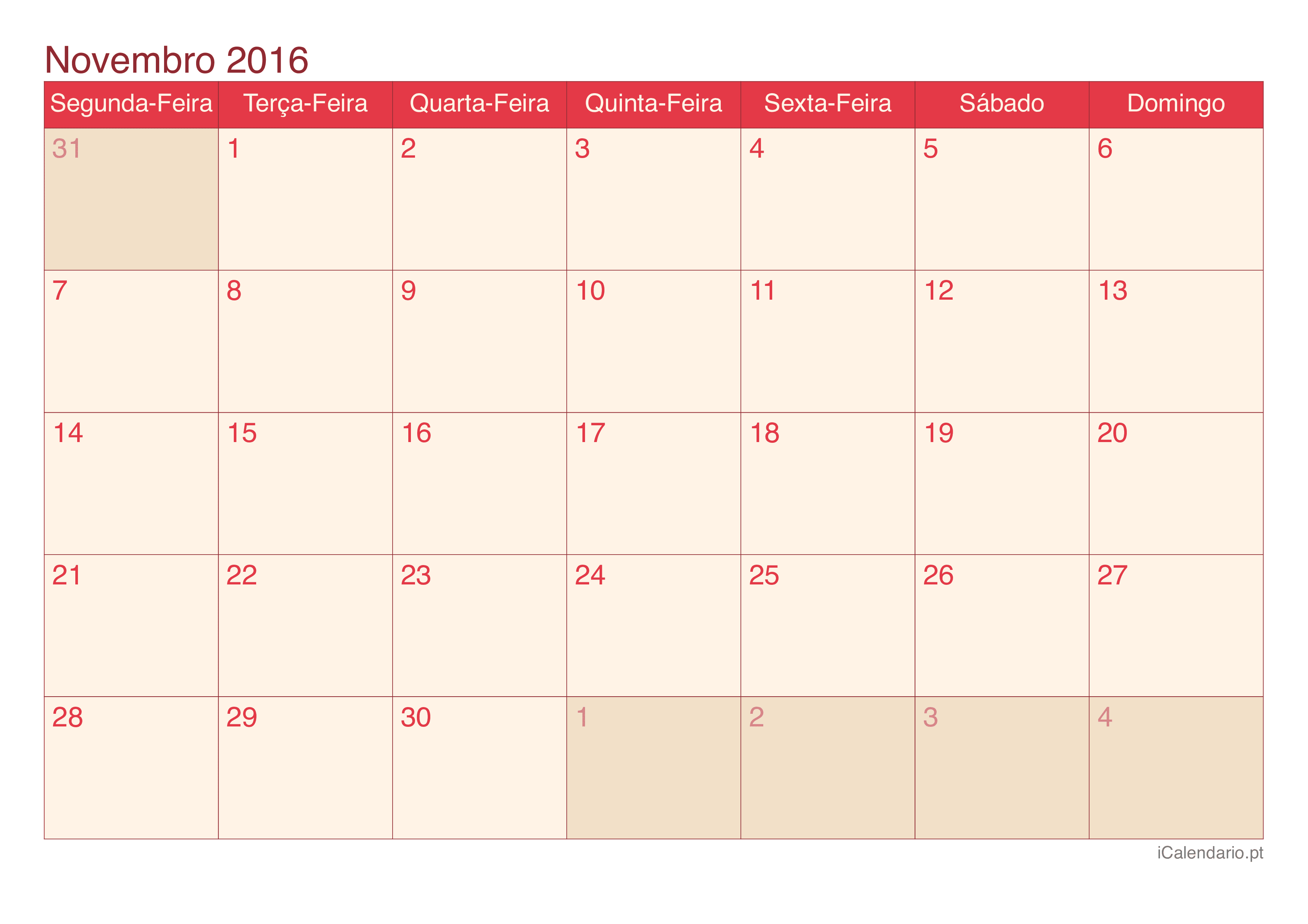 Calendário de novembro 2016 - Cherry
