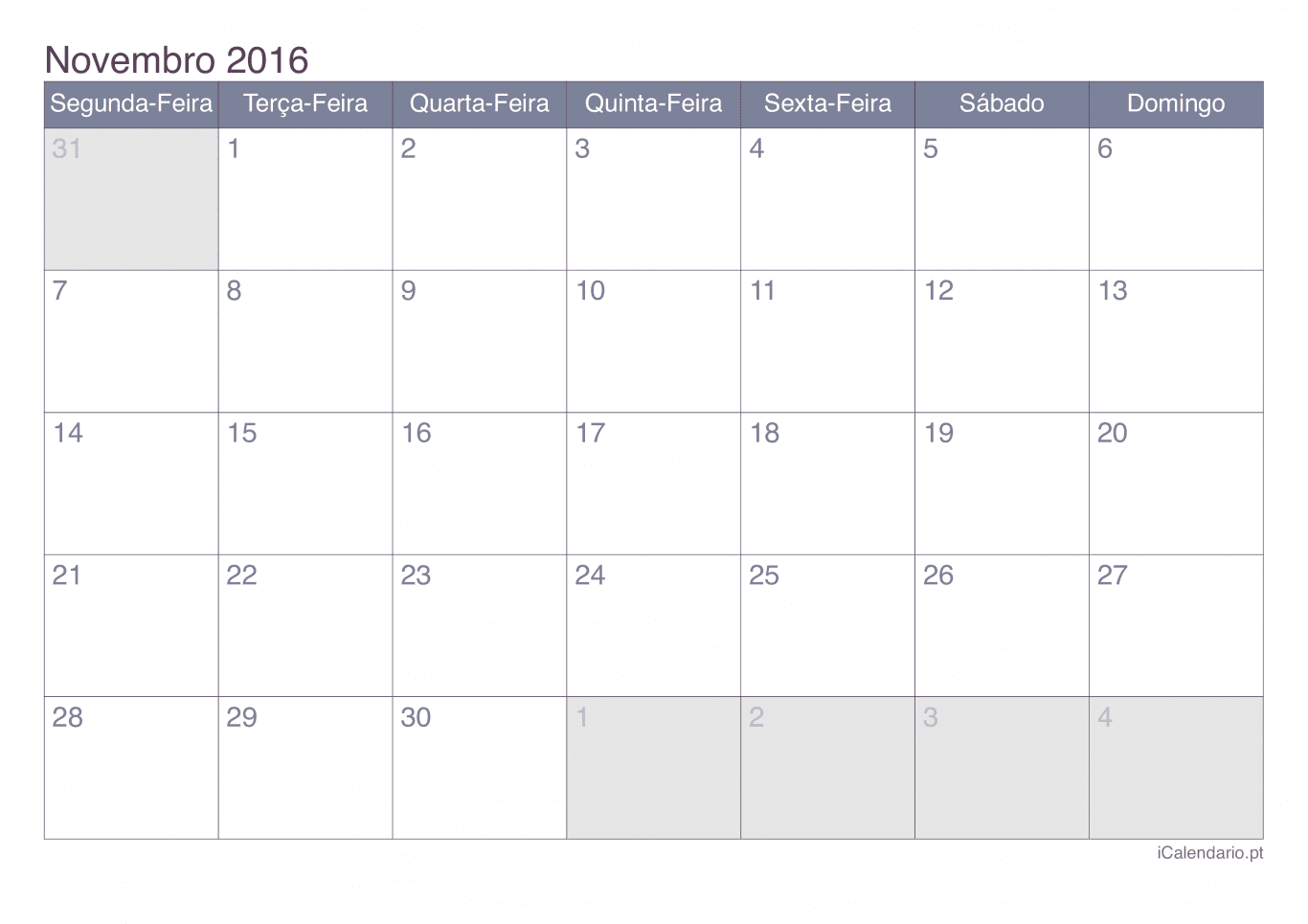 Calendário de novembro 2016 - Office