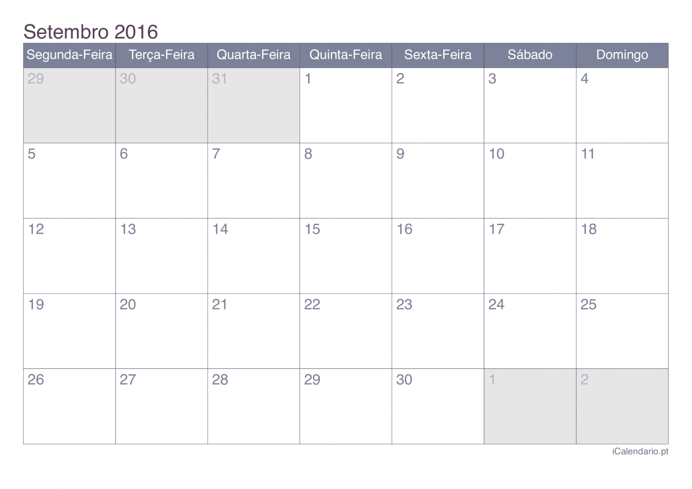 Calendário de setembro 2016 - Office