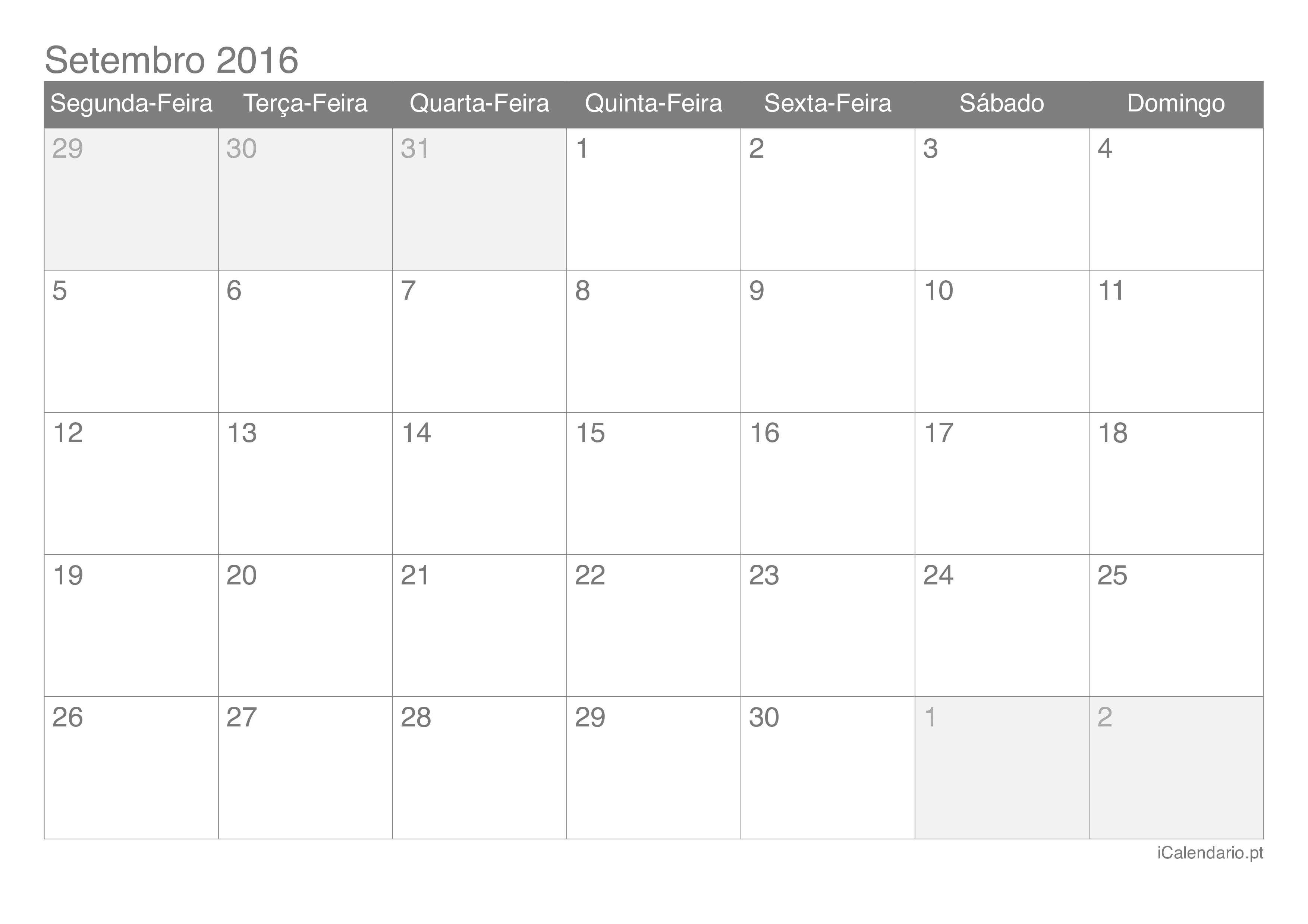 Calendário de setembro 2016