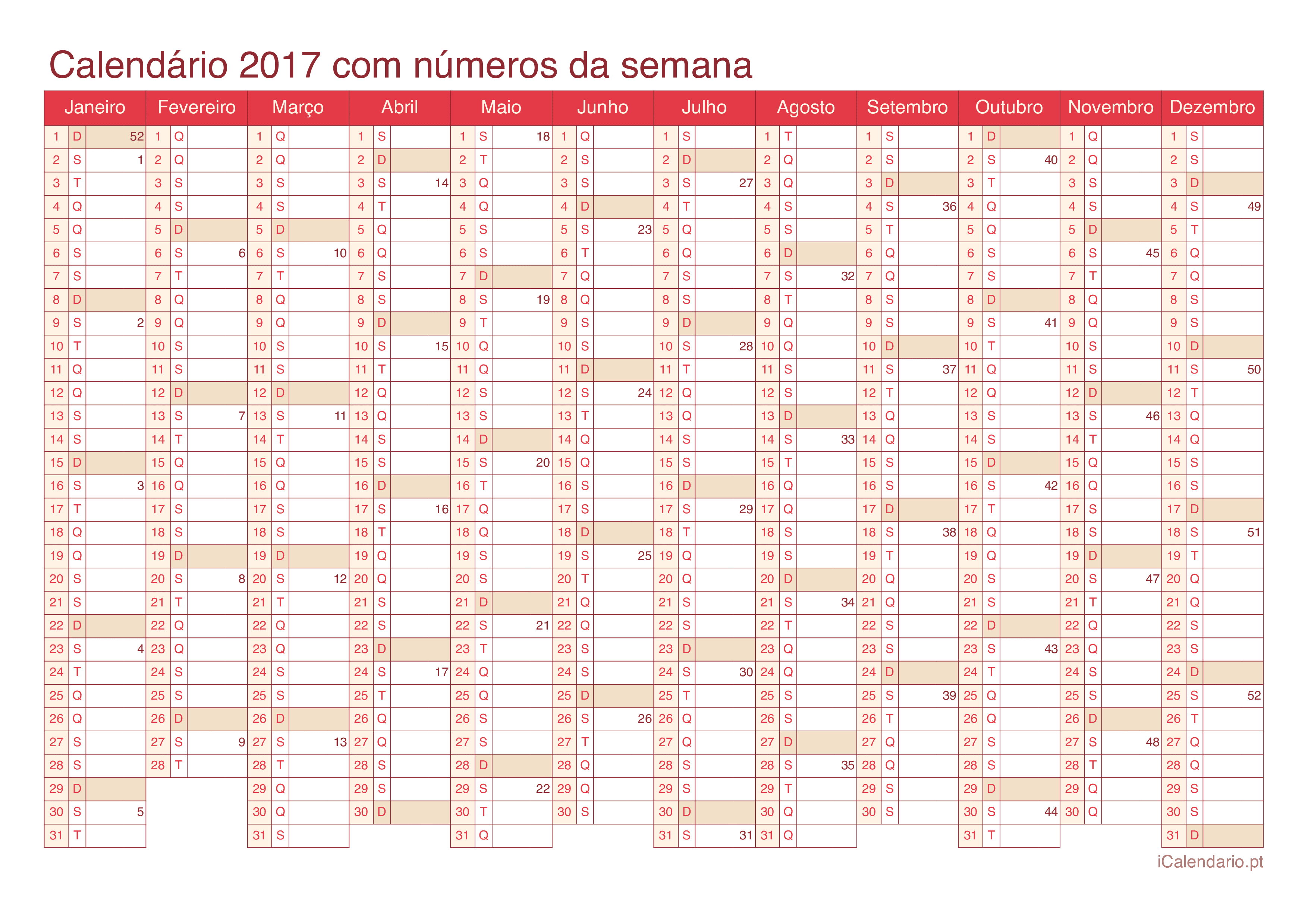 Calendário 2017 com números da semana - Cherry