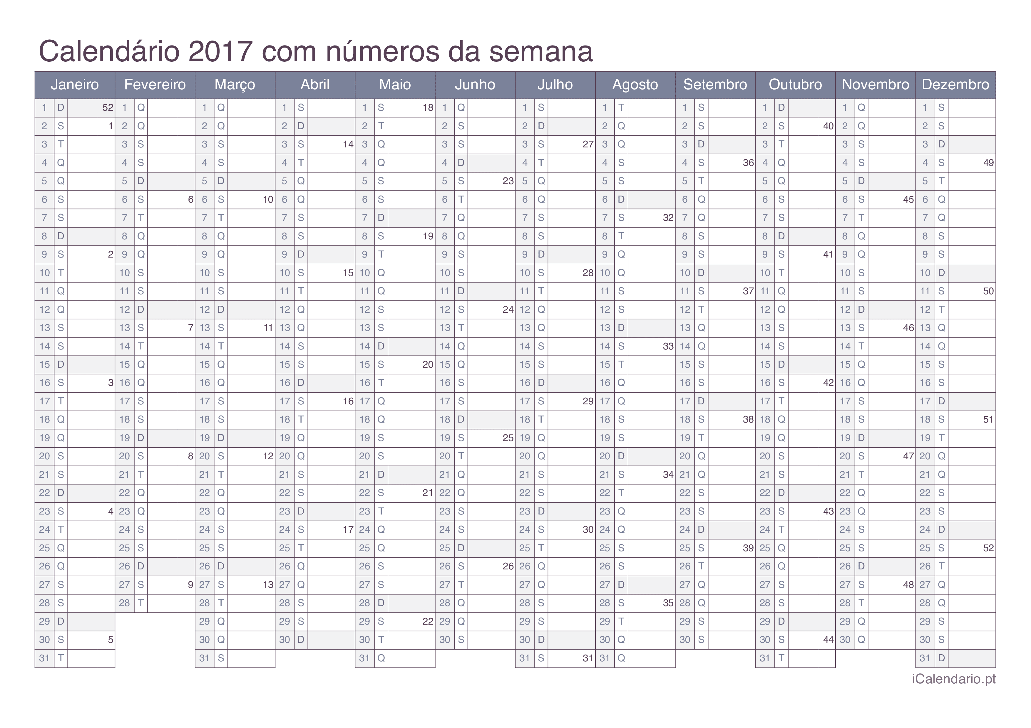 Calendário 2017 com números da semana - Office