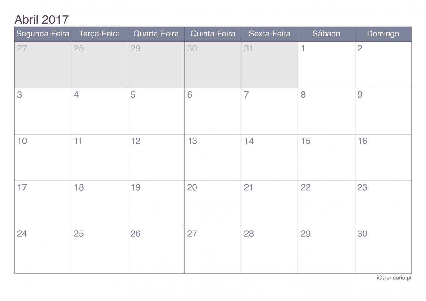 Calendário de abril 2017 - Office