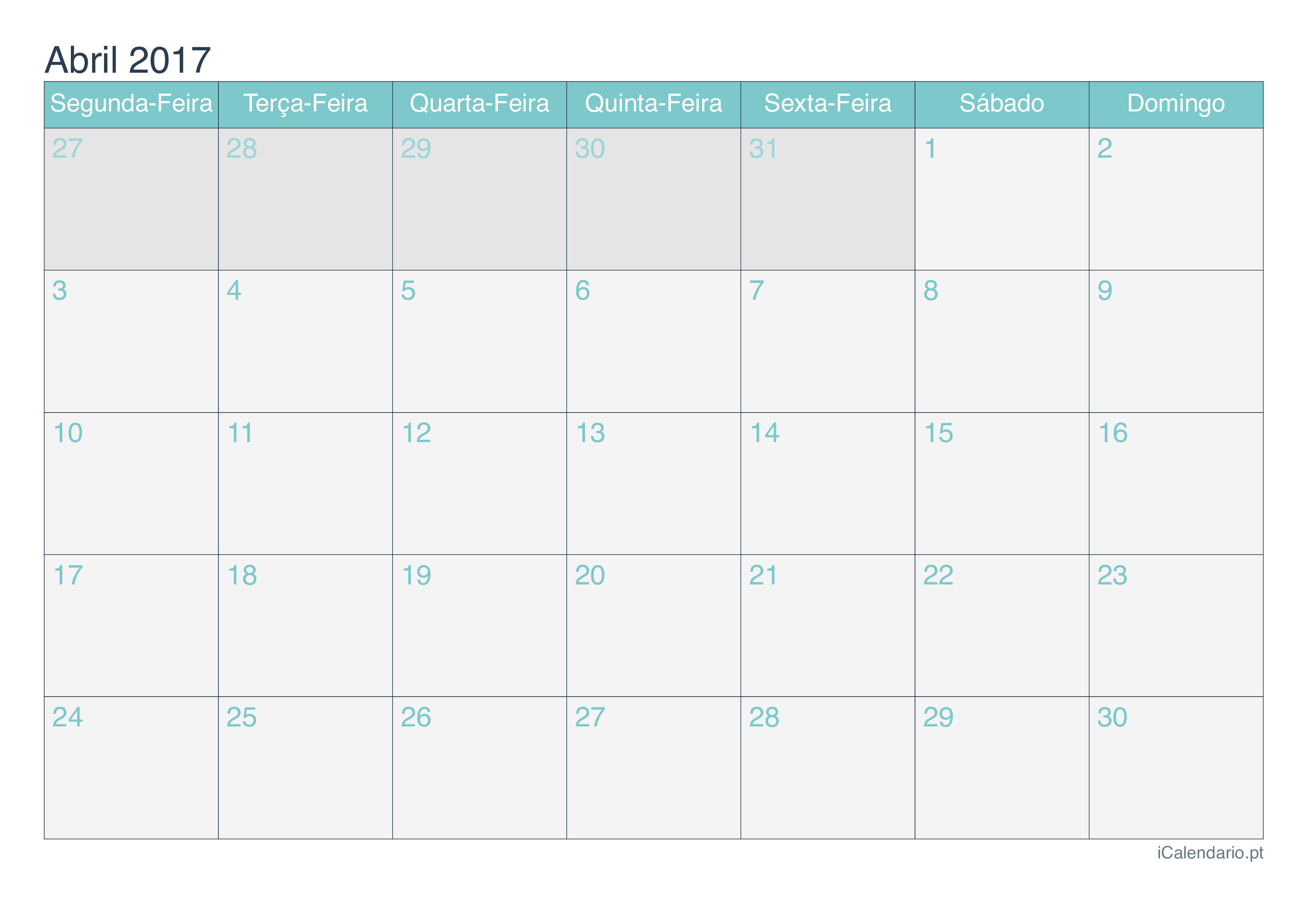 Calendário de abril 2017 - Turquesa