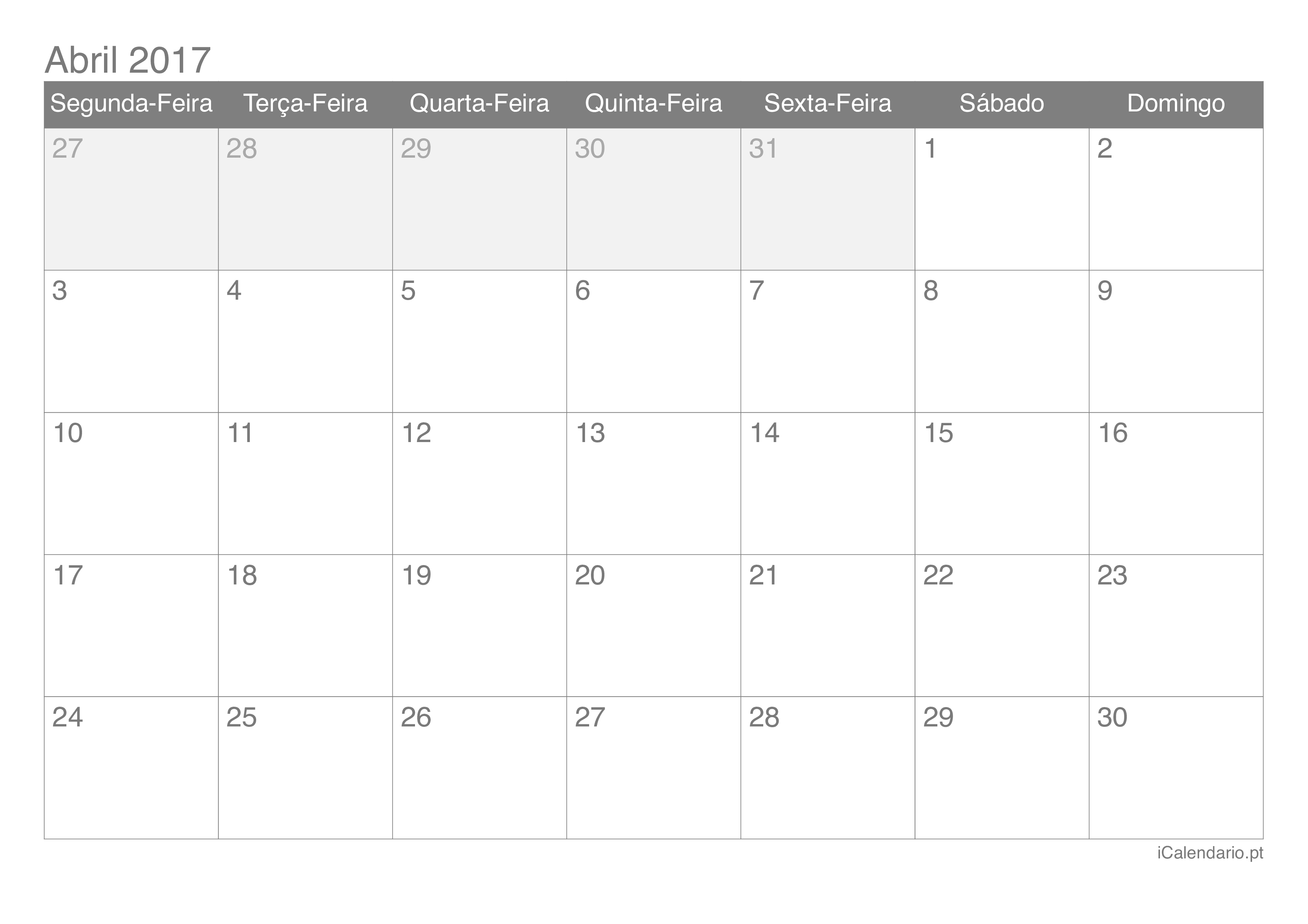 Calendário de abril 2017