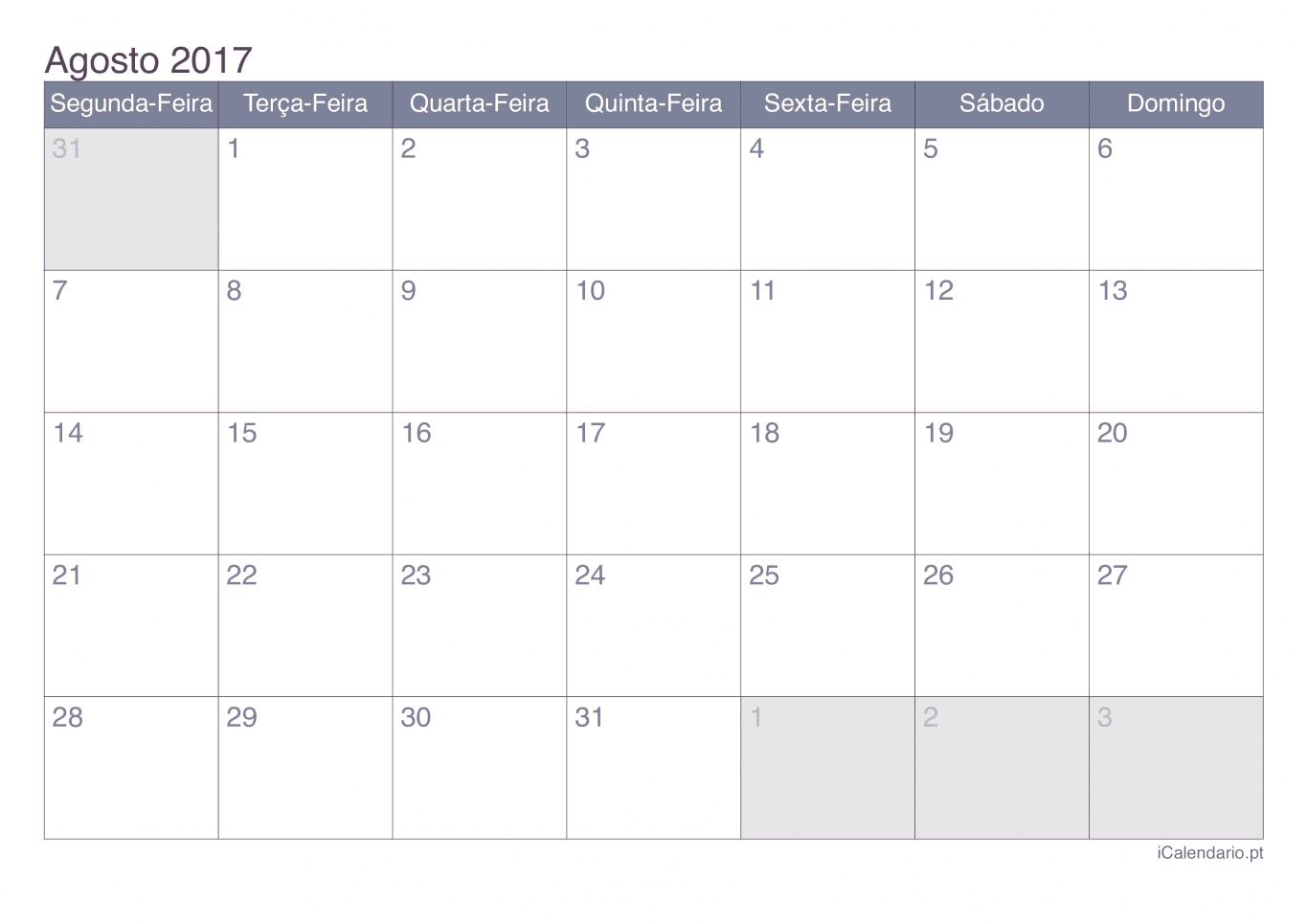 Calendário de agosto 2017 - Office
