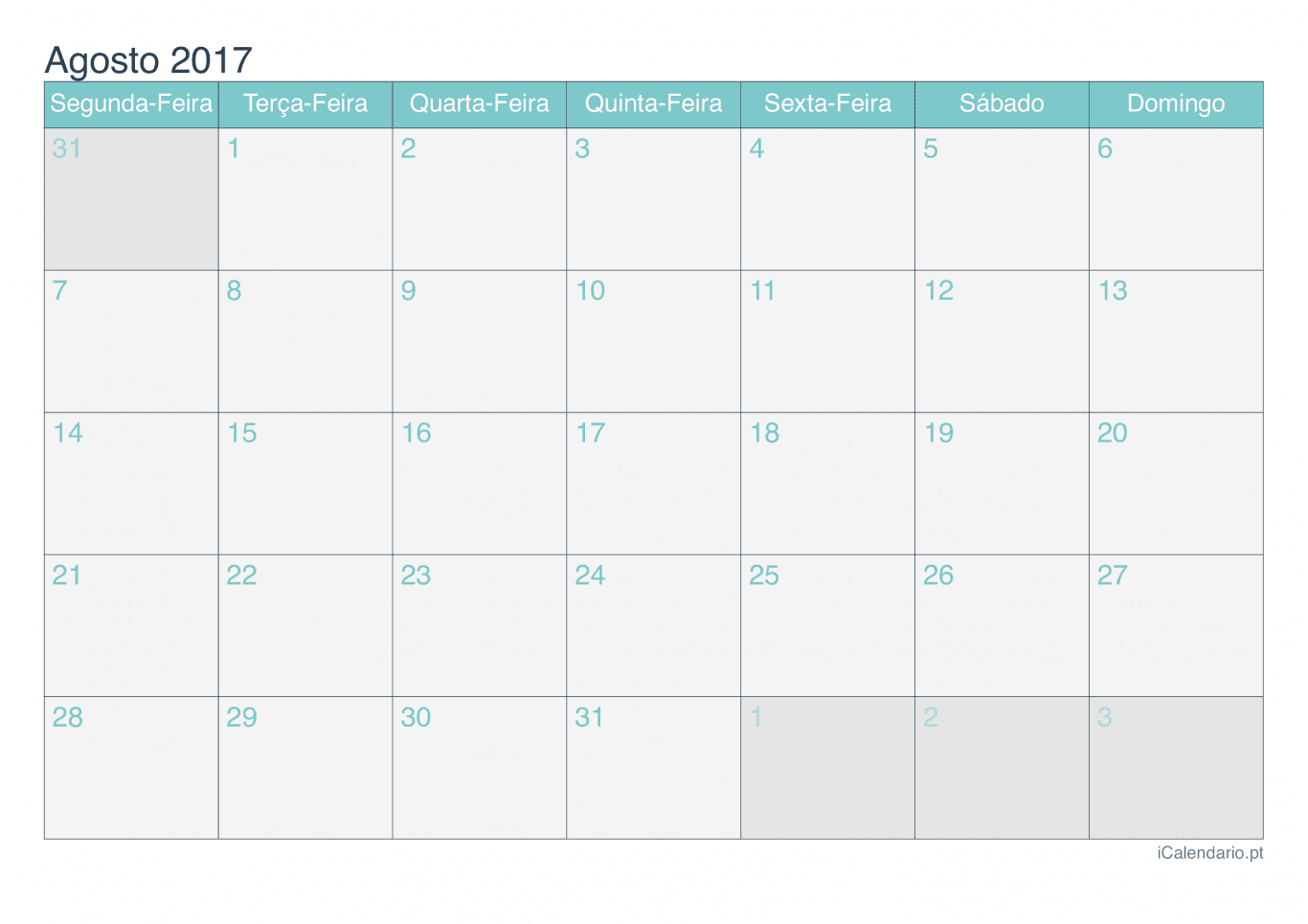 Calendário de agosto 2017 - Turquesa