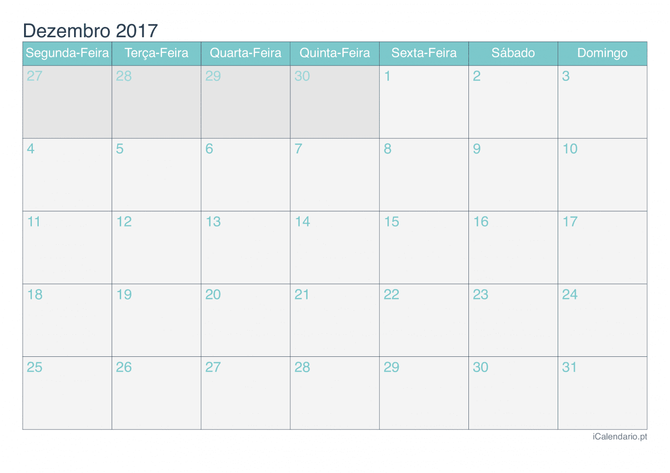 Calendário de dezembro 2017 - Turquesa