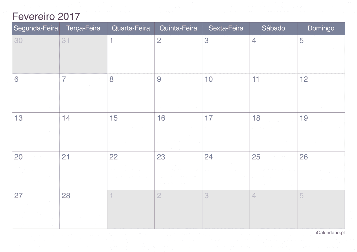 Calendário de fevereiro 2017 - Office