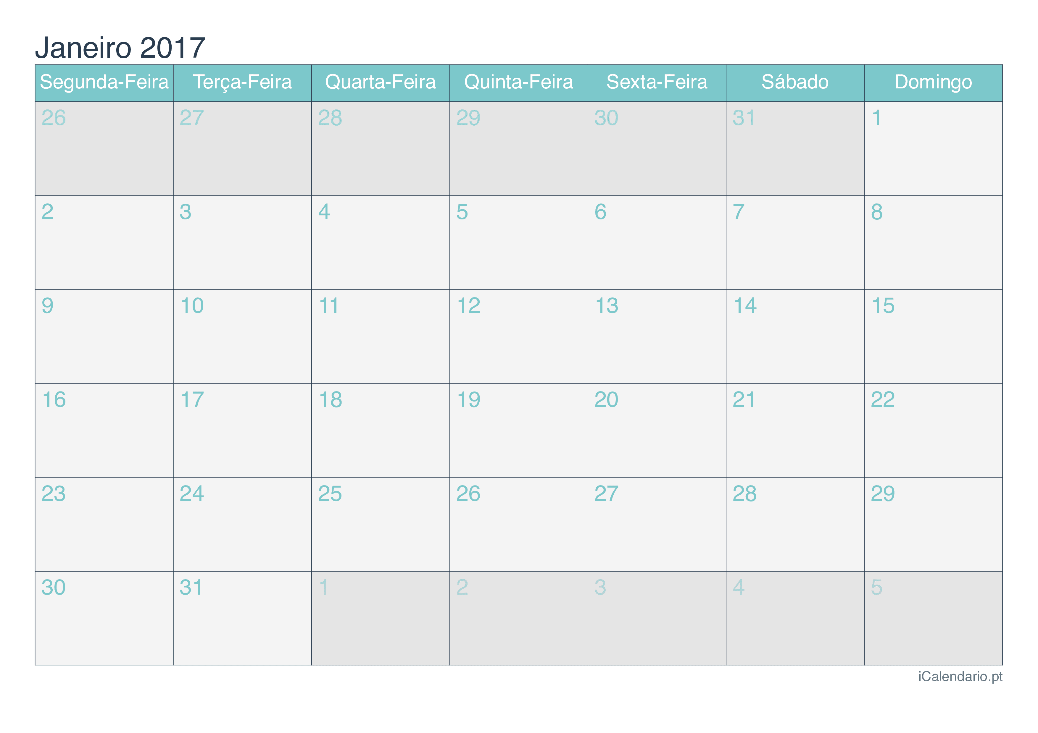 Calendário de janeiro 2017 - Turquesa