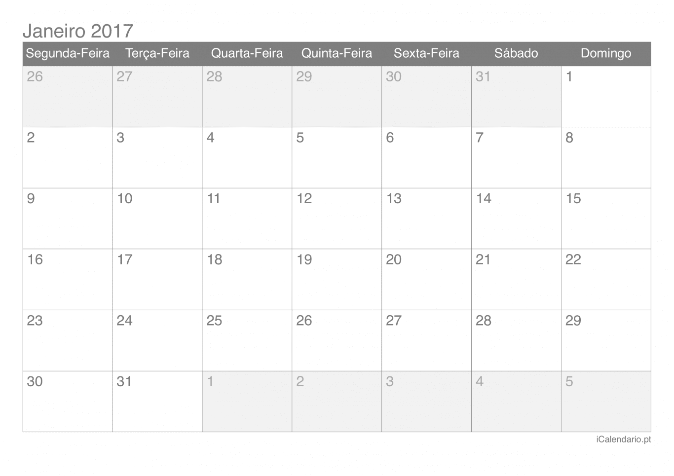 Calendário de janeiro 2017