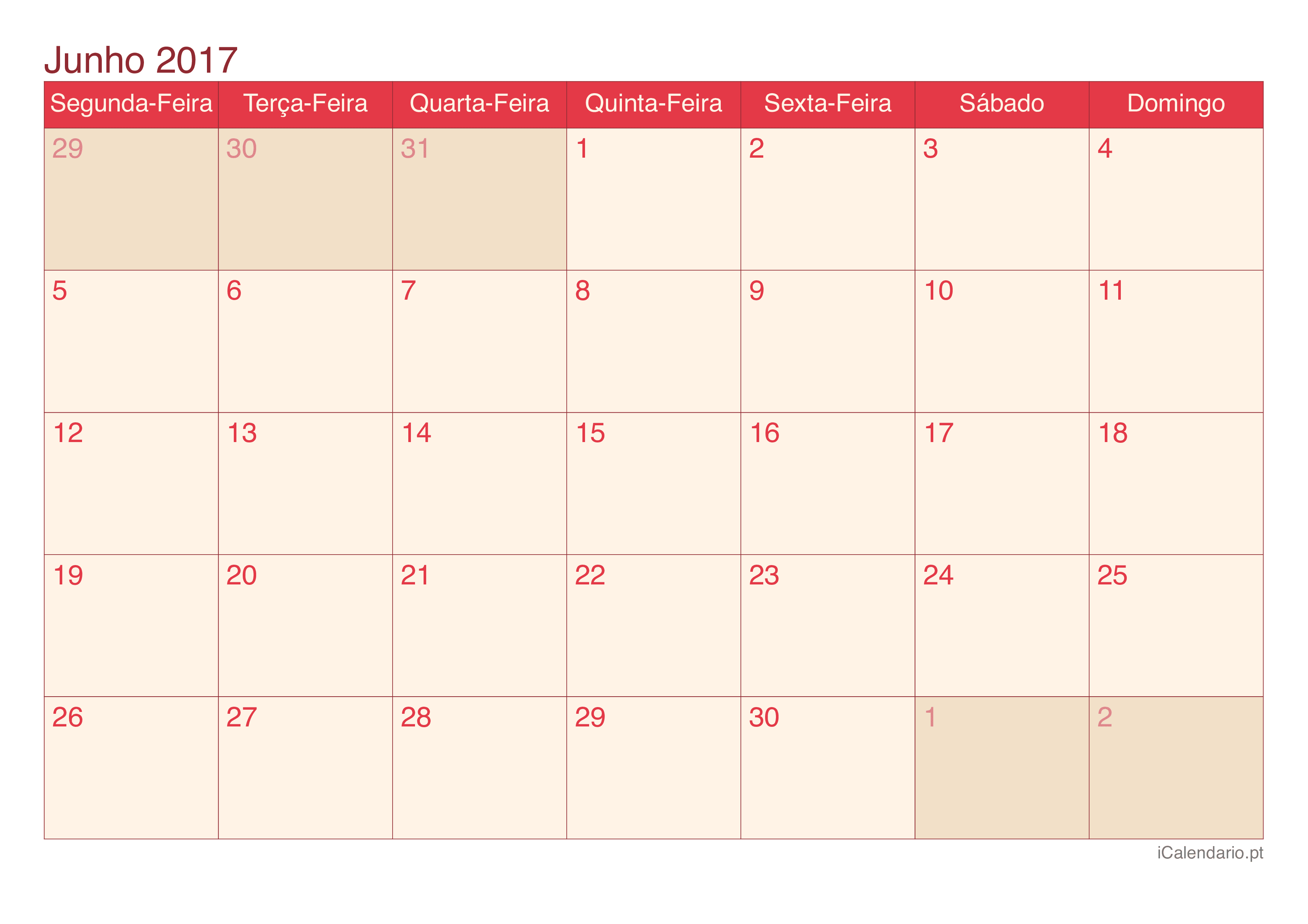 Calendário de junho 2017 - Cherry