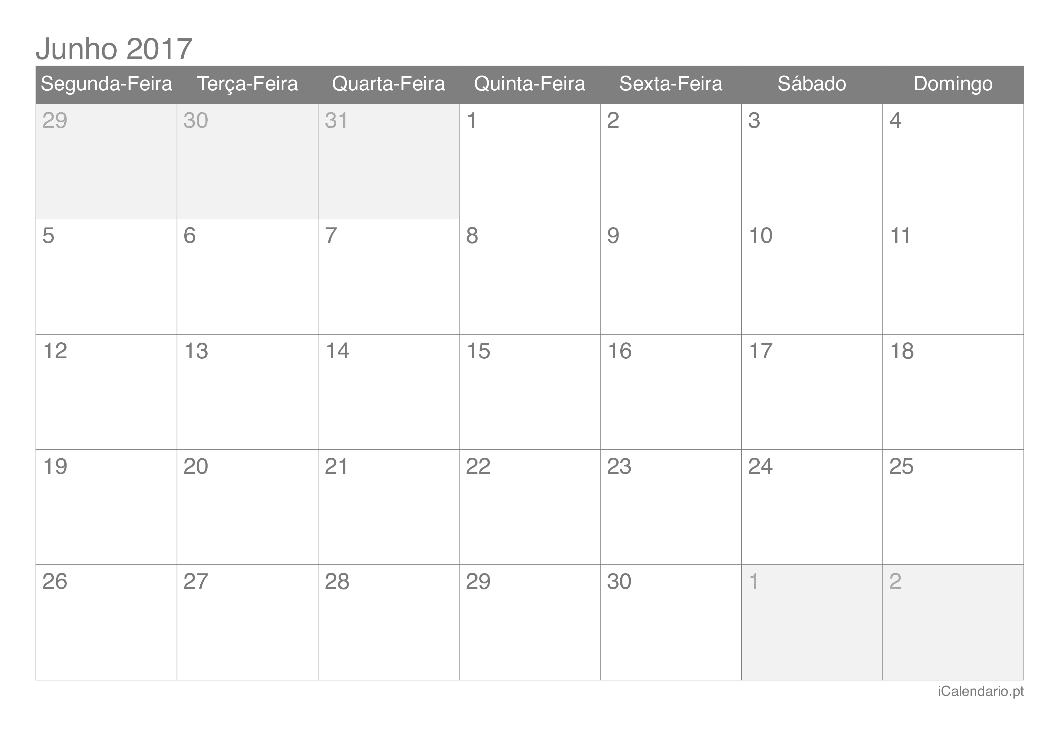 Calendário de junho 2017