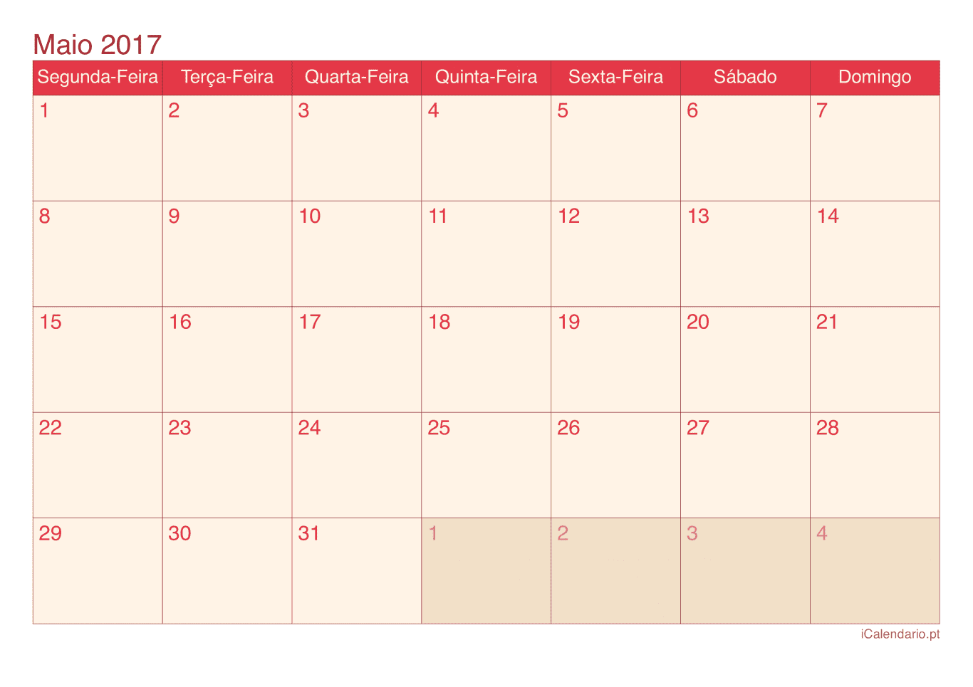 Calendário de maio 2017 - Cherry