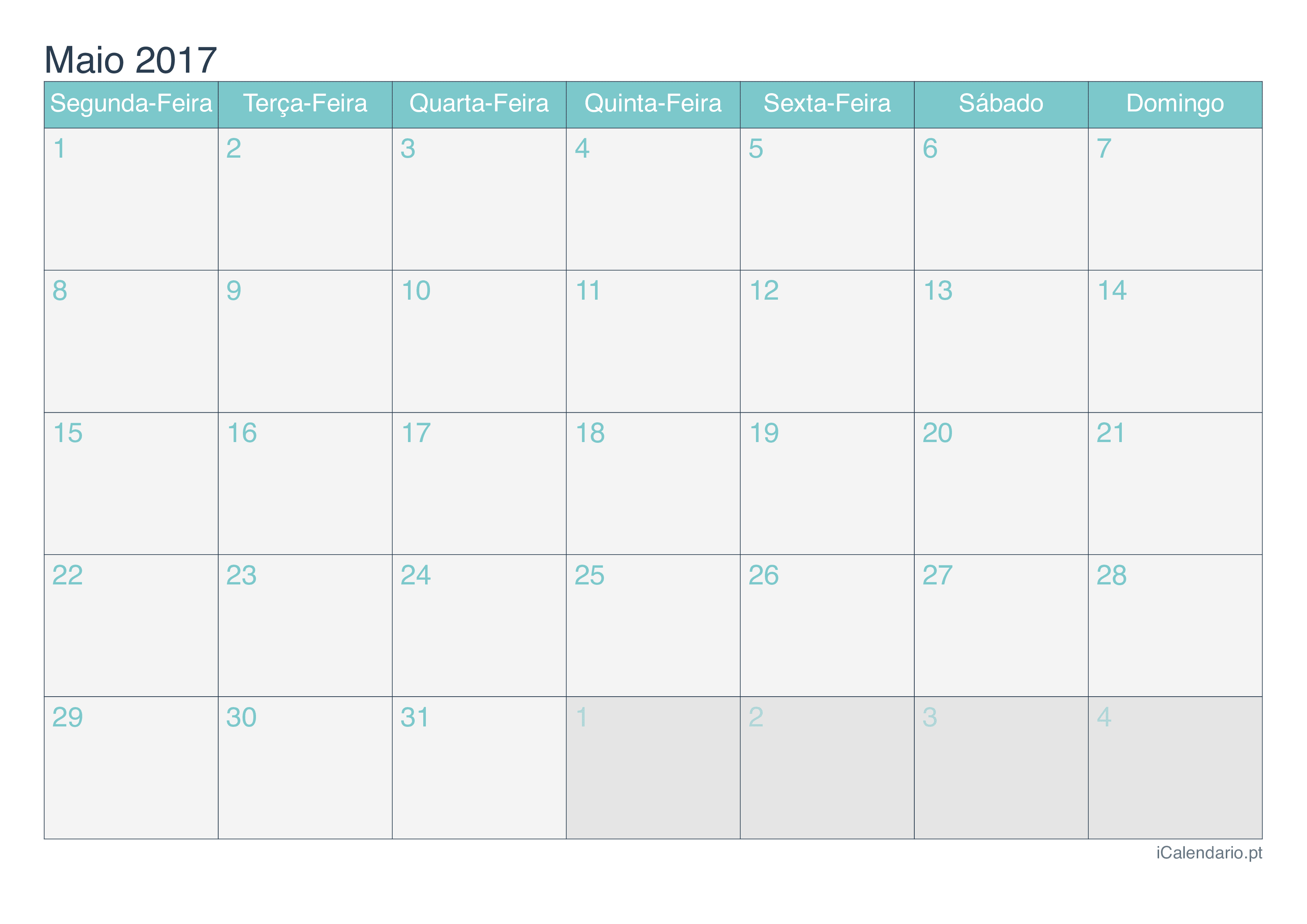 Calendário de maio 2017 - Turquesa