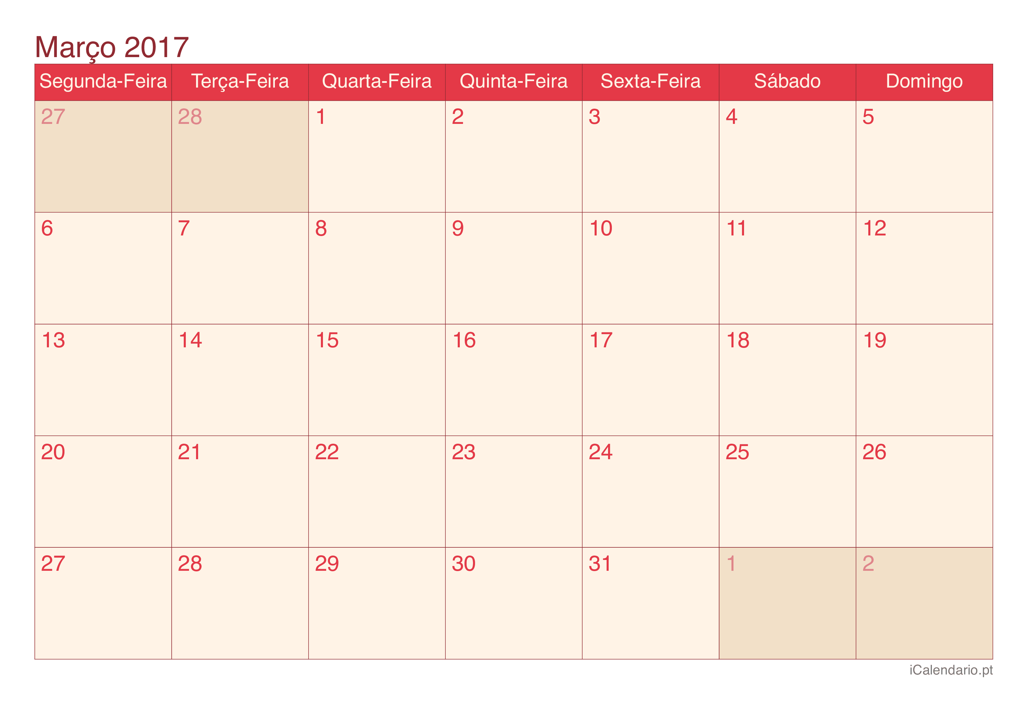 Calendário de março 2017 - Cherry