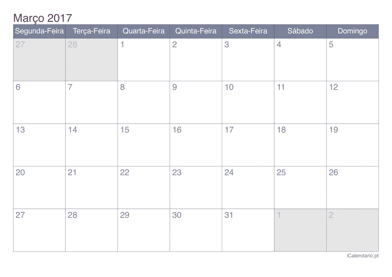 Calendário de março 2017 - Office