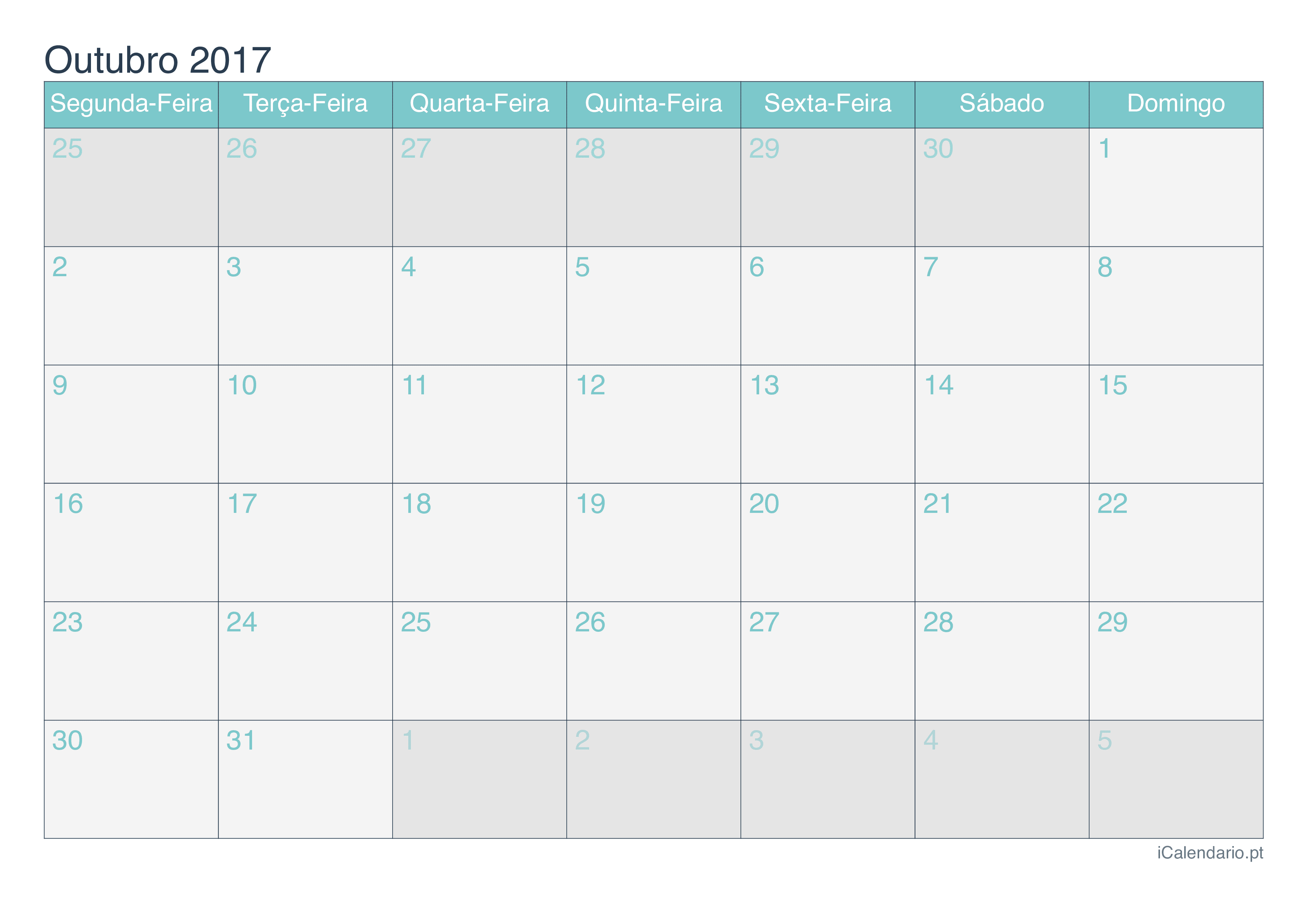 Calendário de outubro 2017 - Turquesa