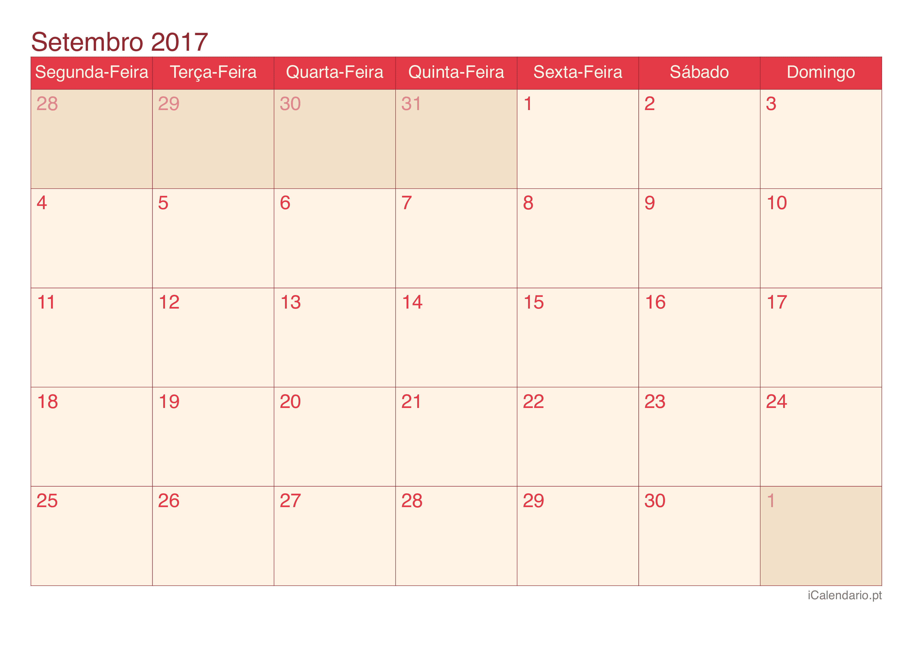 Calendário de setembro 2017 - Cherry