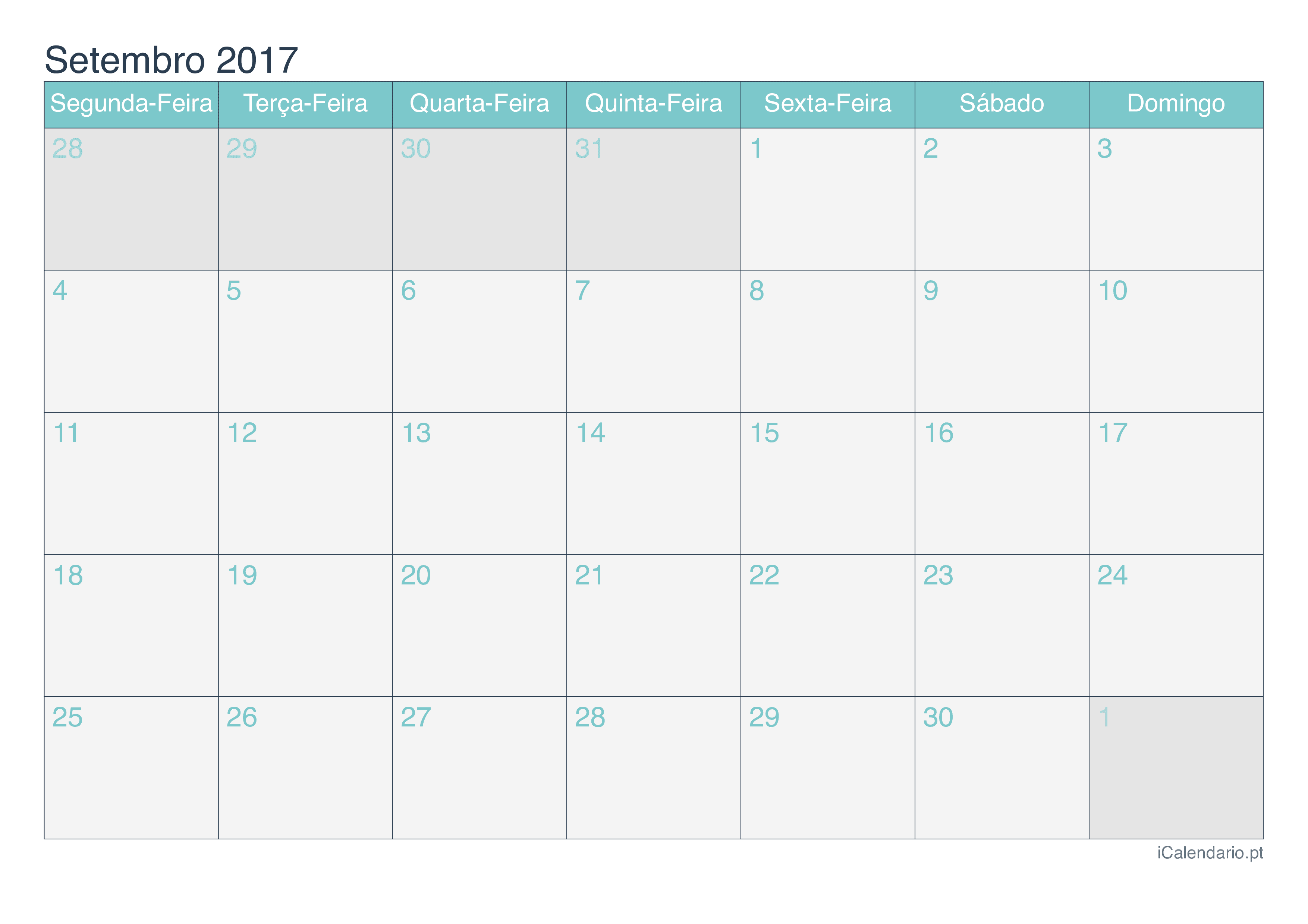 Calendário de setembro 2017 - Turquesa