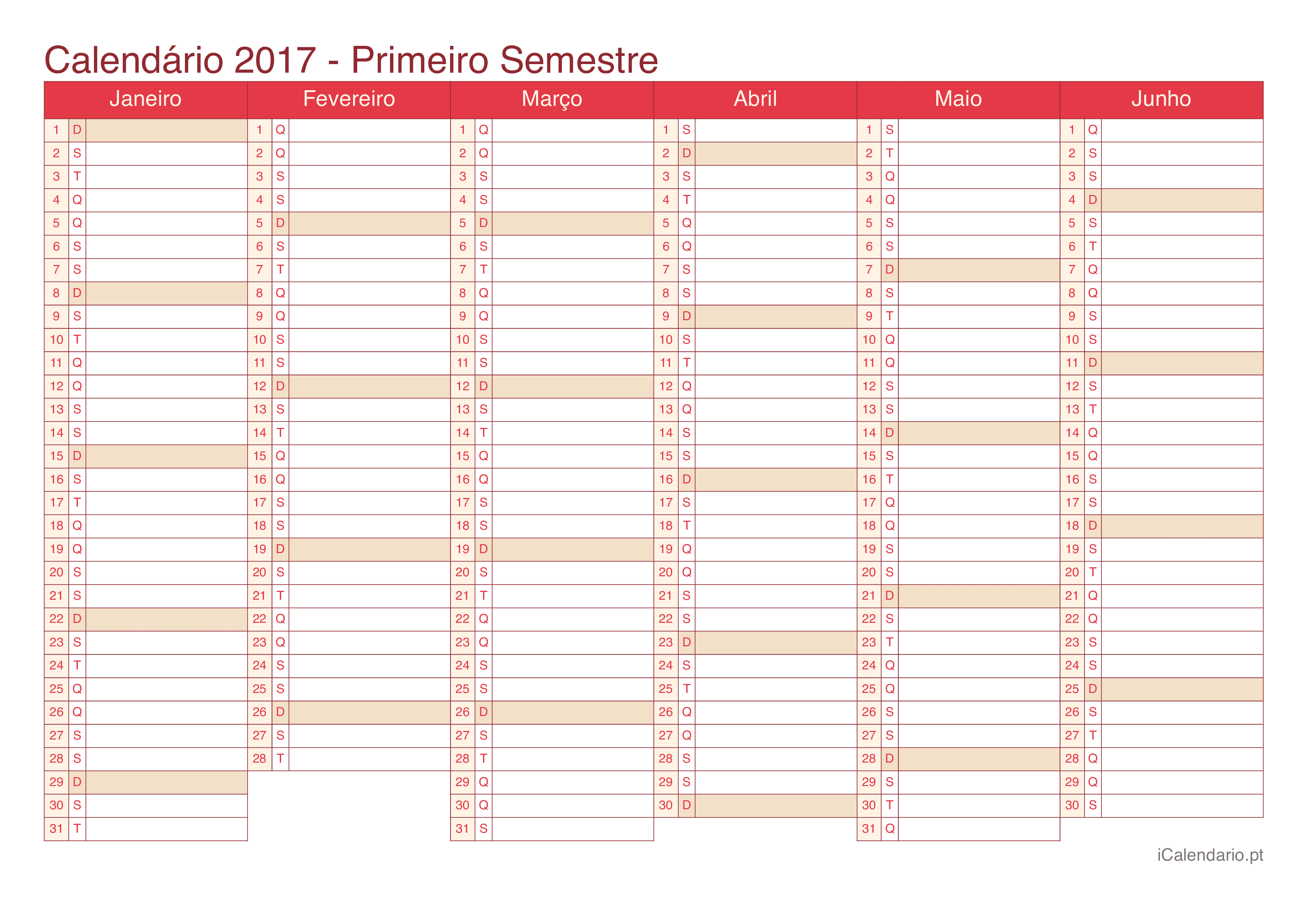 Calendário por semestre 2017 - Cherry