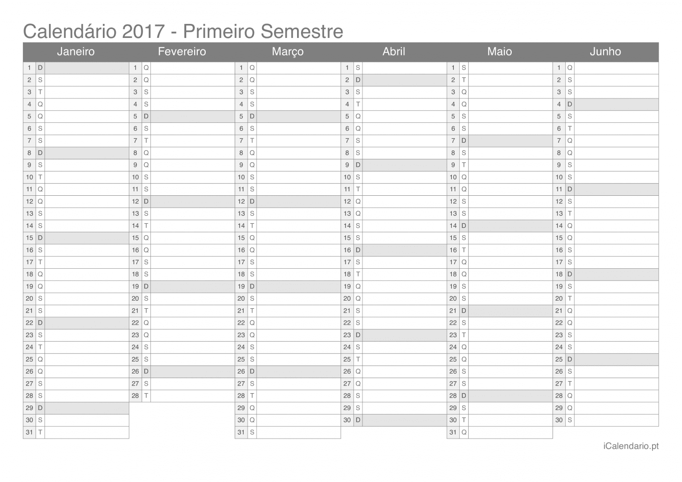 Calendário por semestre 2017