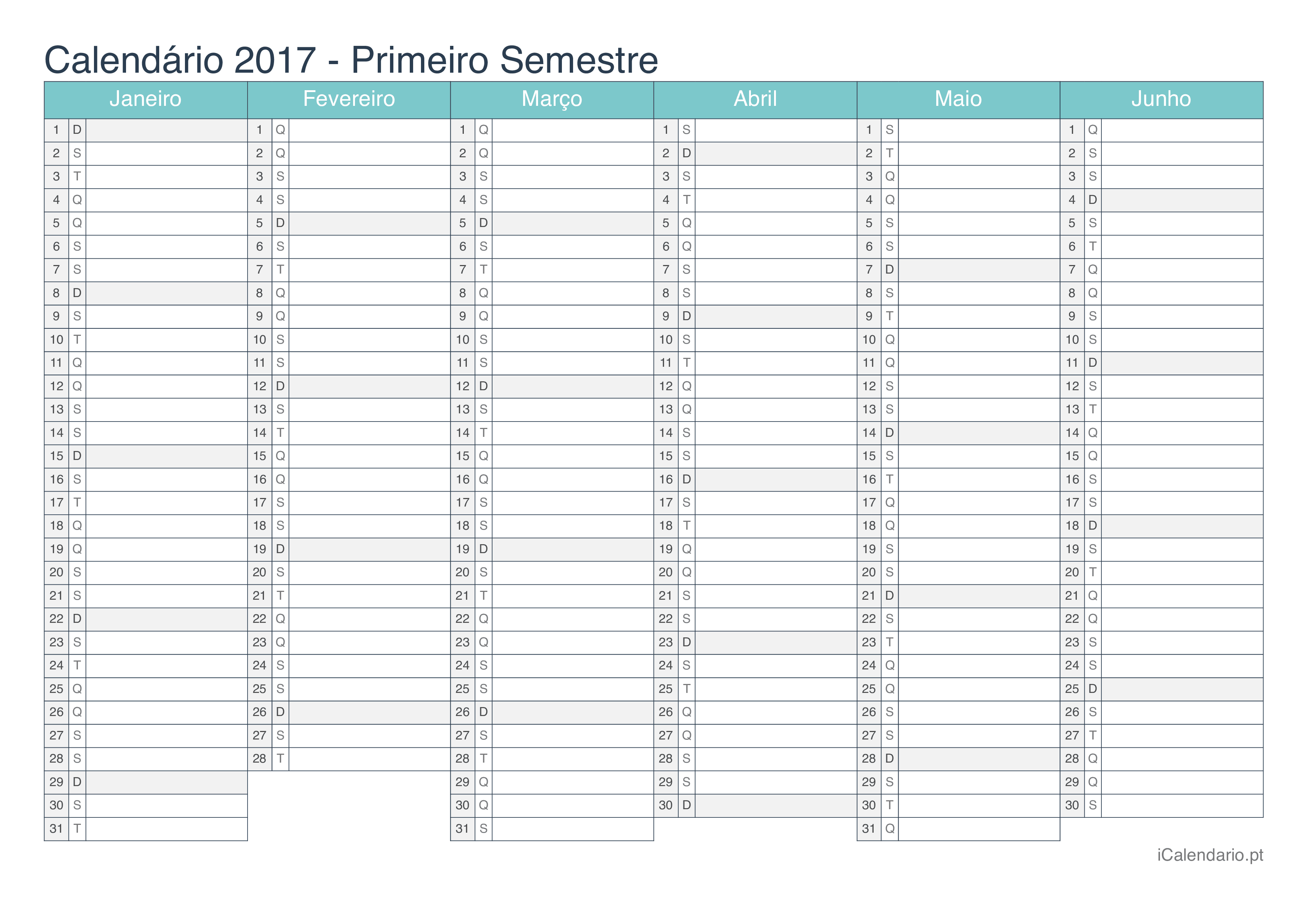 Calendário por semestre 2017 - Turquesa