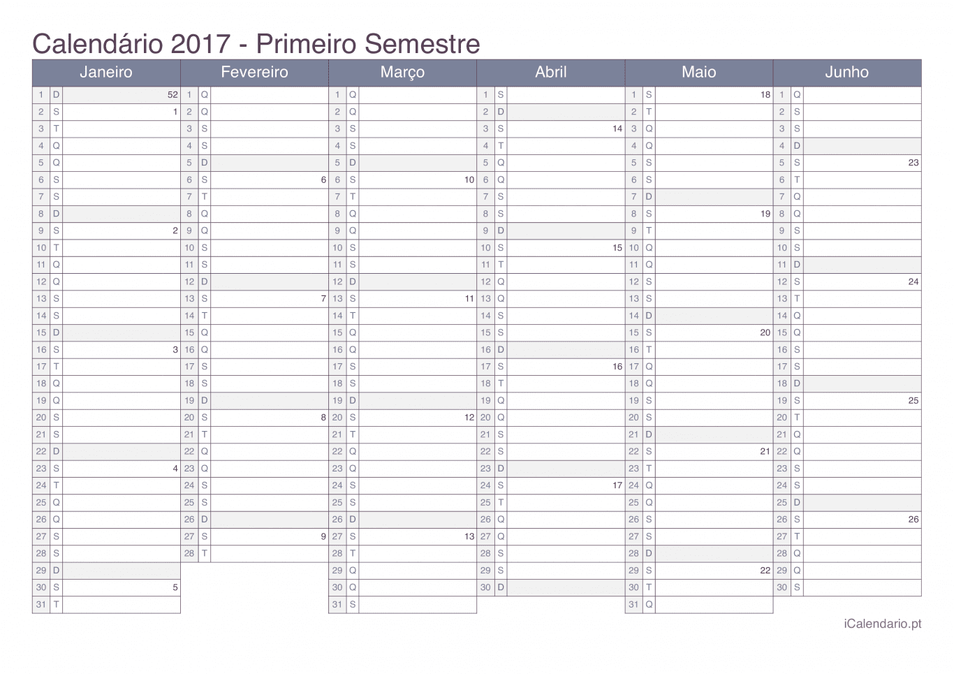 Calendário por semestre com números da semana 2017 - Office