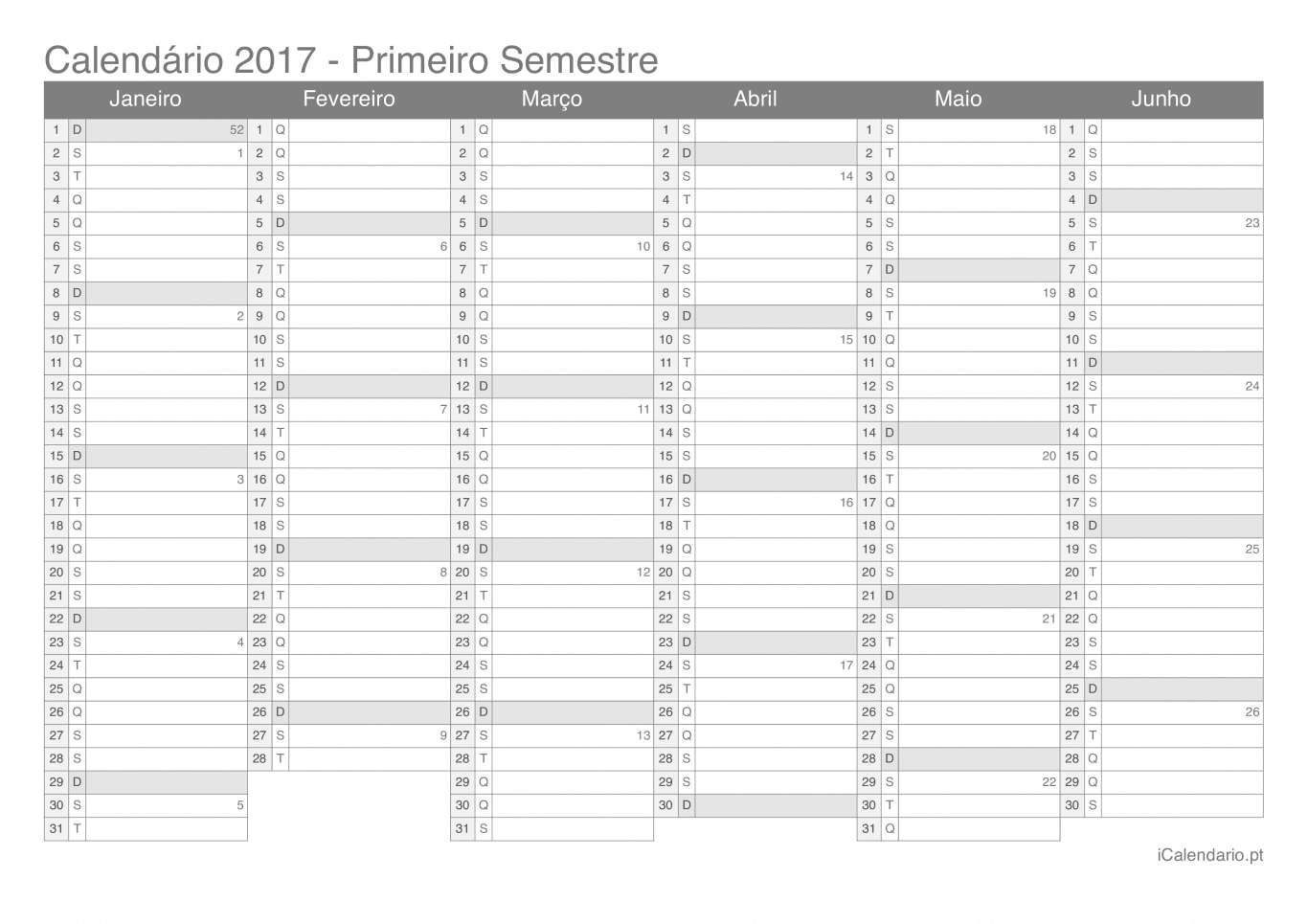Calendário por semestre com números da semana 2017