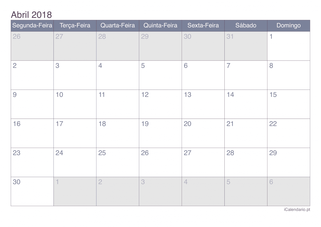 Calendário de abril 2018 - Office
