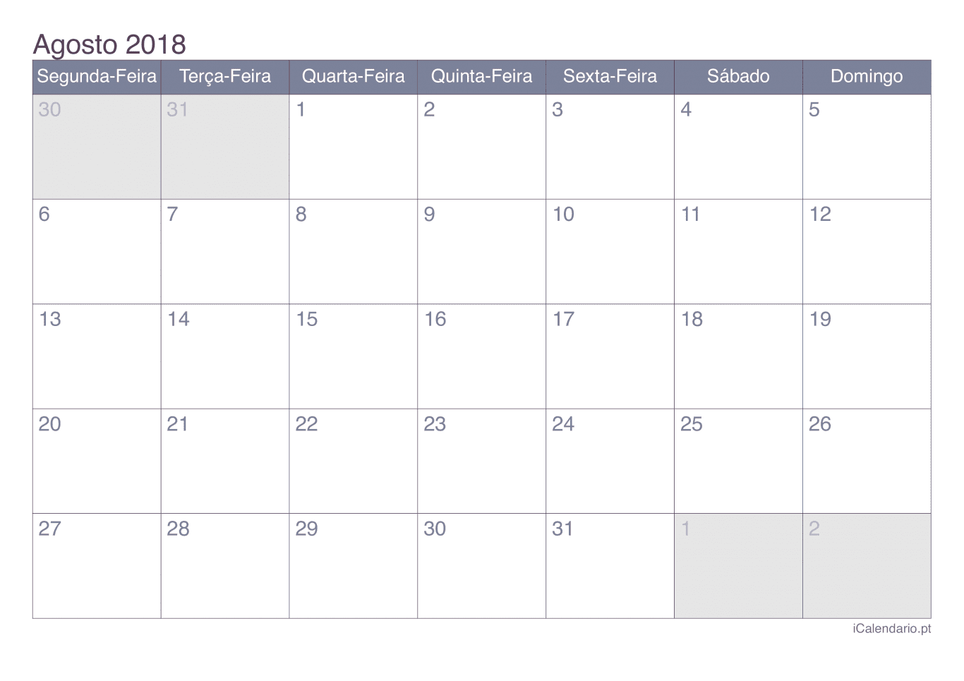 Calendário de agosto 2018 - Office