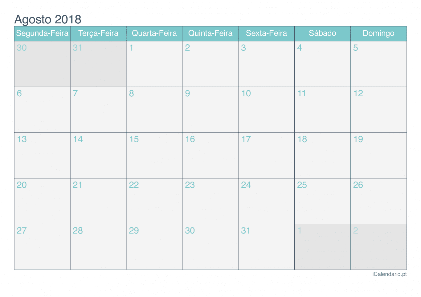 Calendário de agosto 2018 - Turquesa