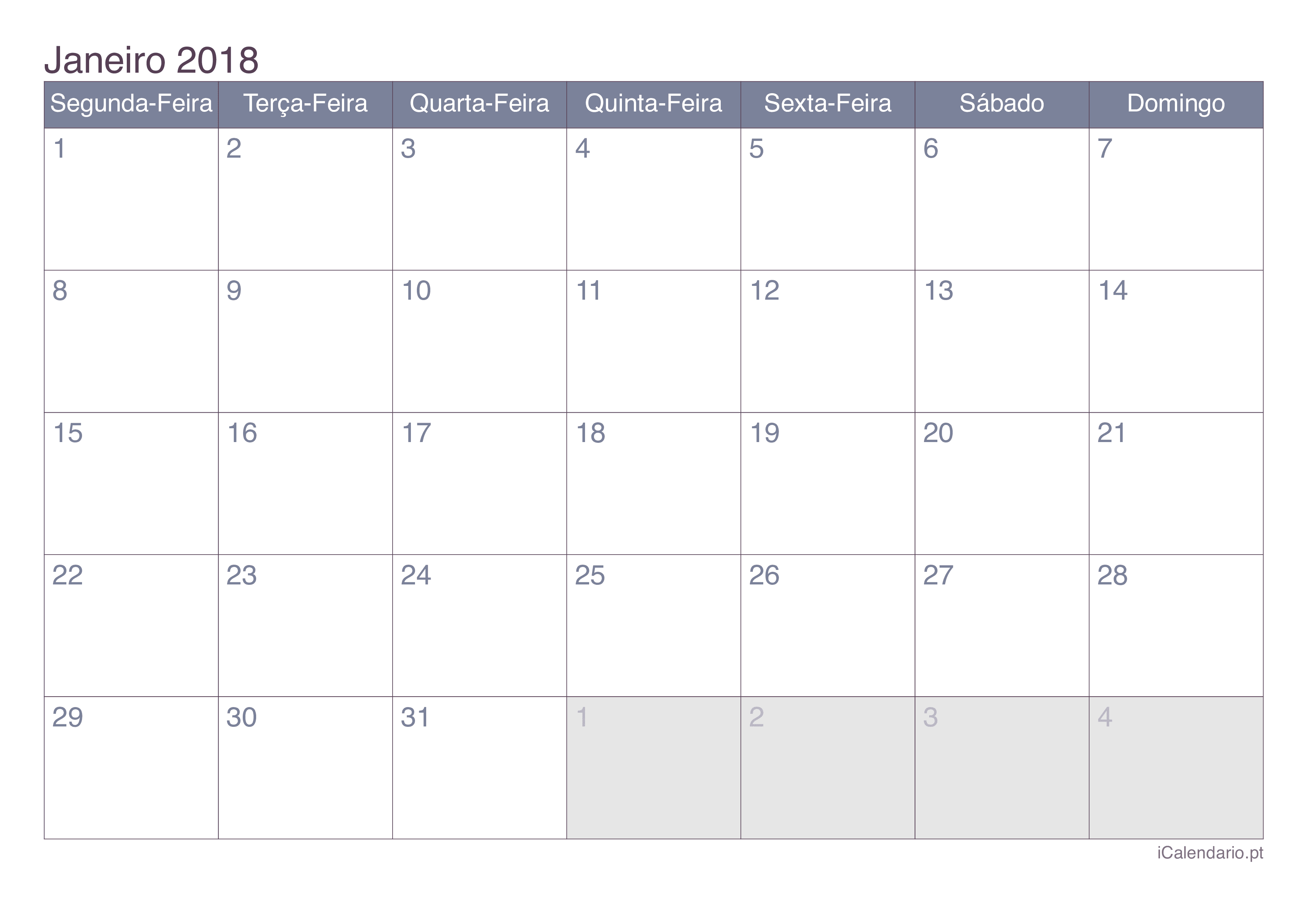 Calendário por mês 2018 - Office