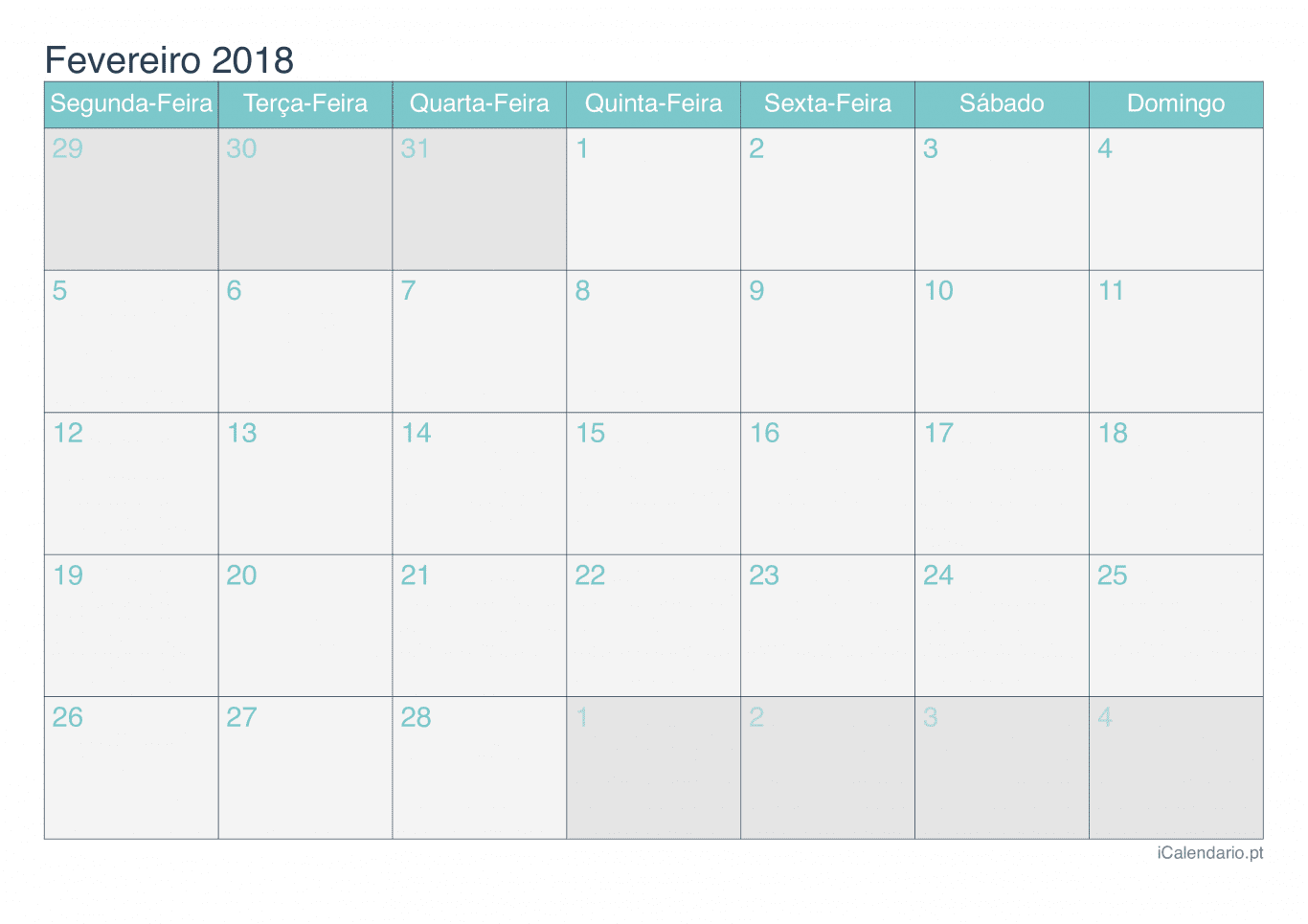 Calendário de fevereiro 2018 - Turquesa