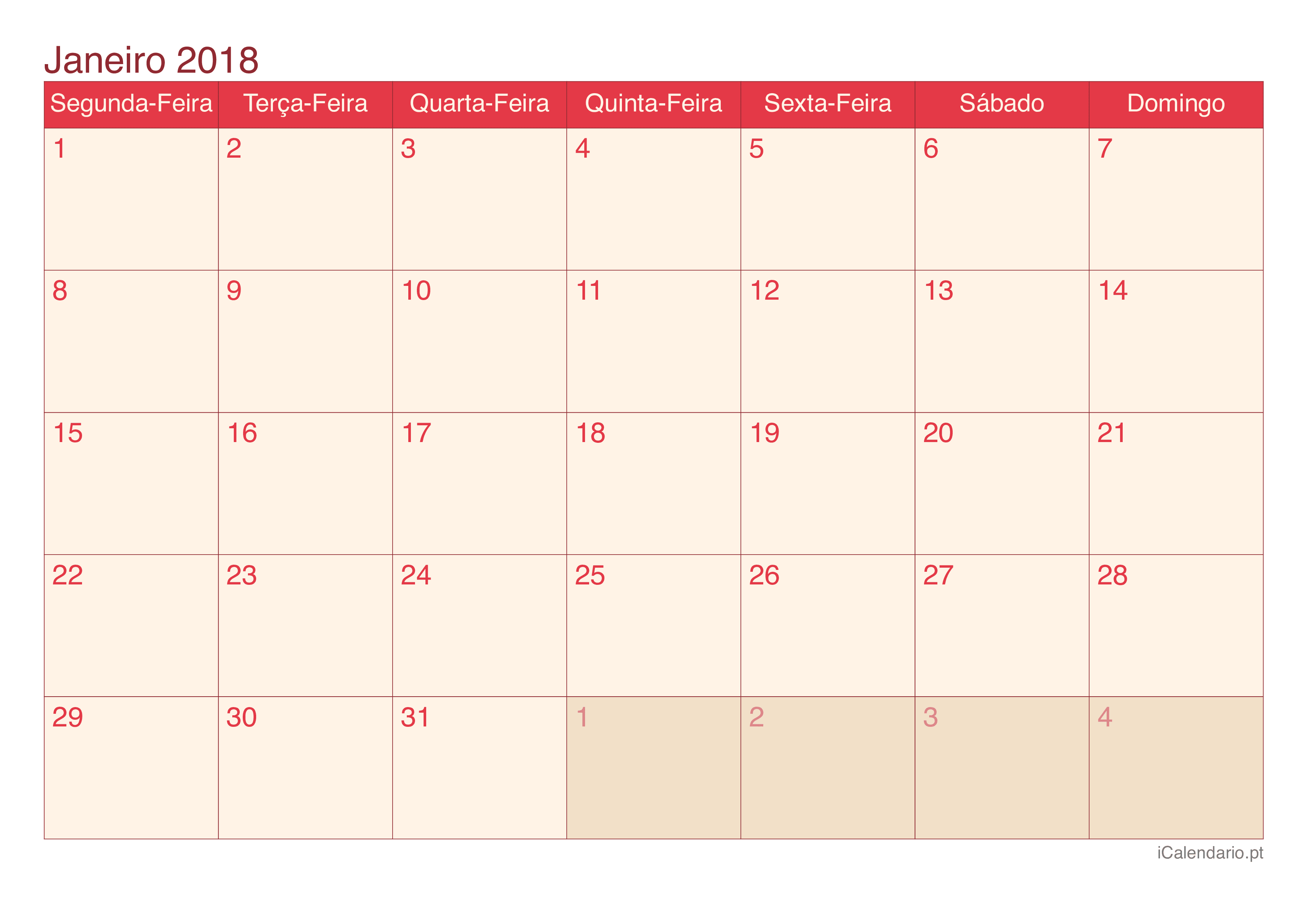 Calendário de janeiro 2018 - Cherry