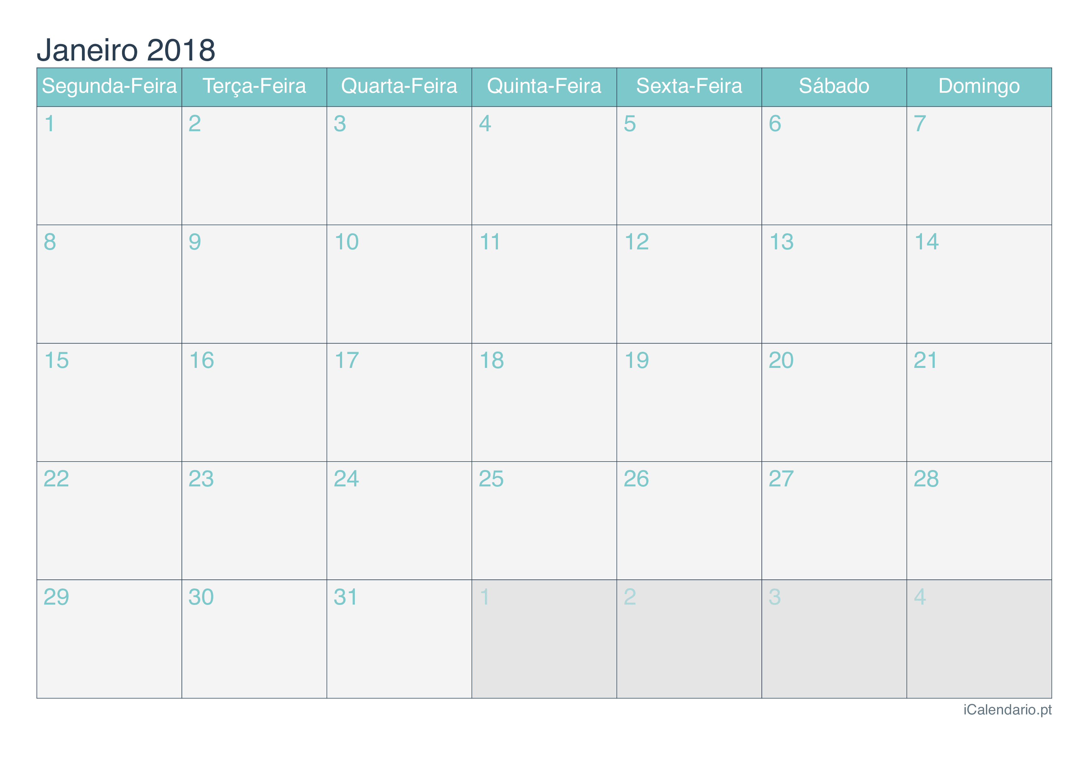Calendário de janeiro 2018 - Turquesa