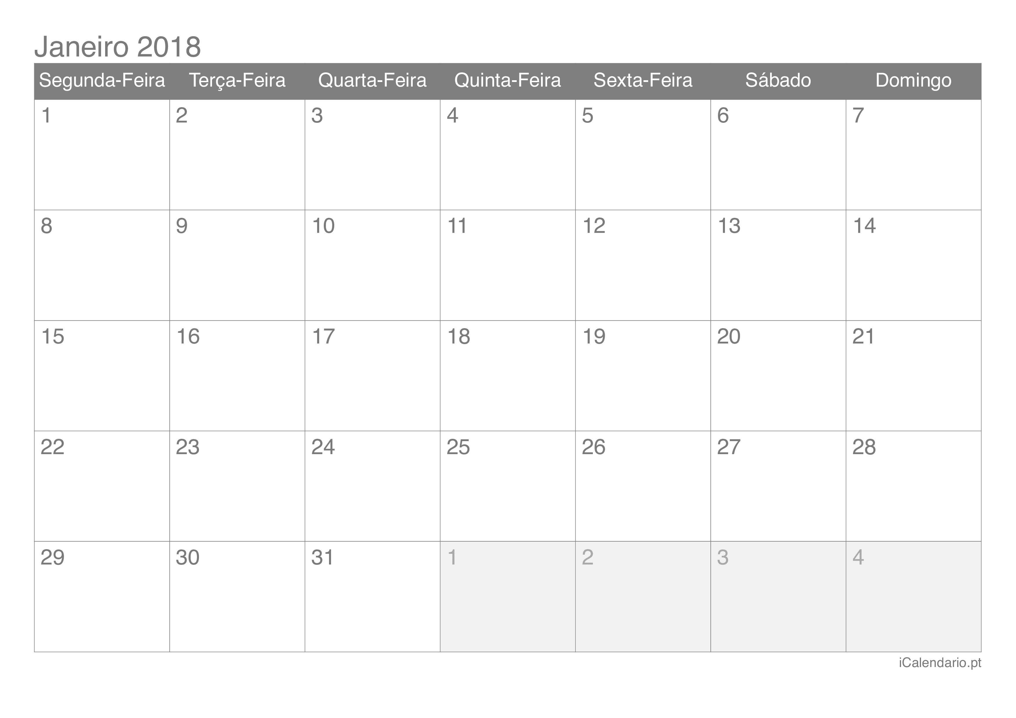 Calendário de janeiro 2018