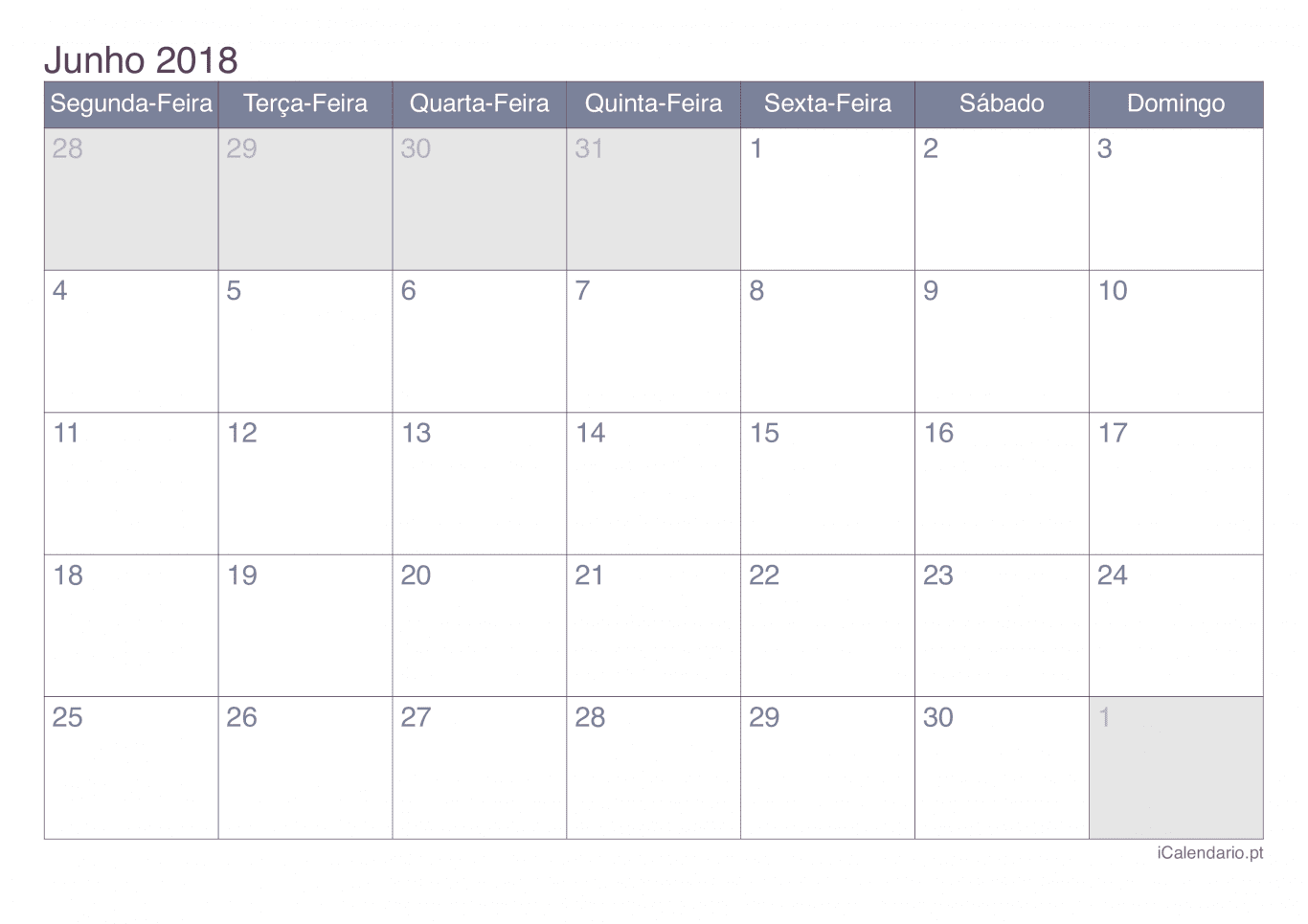 Calendário de junho 2018 - Office