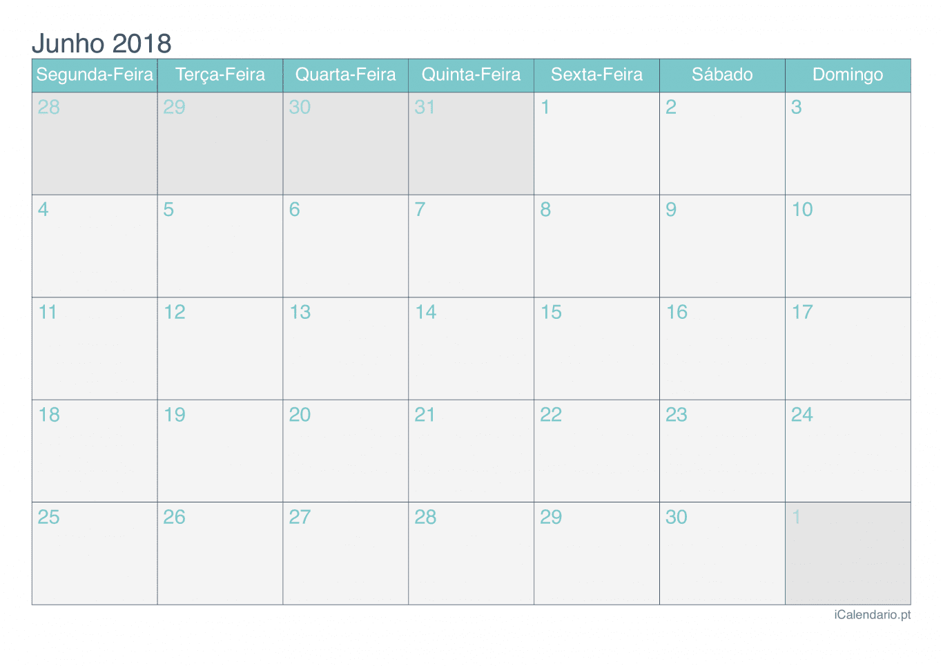 Calendário de junho 2018 - Turquesa