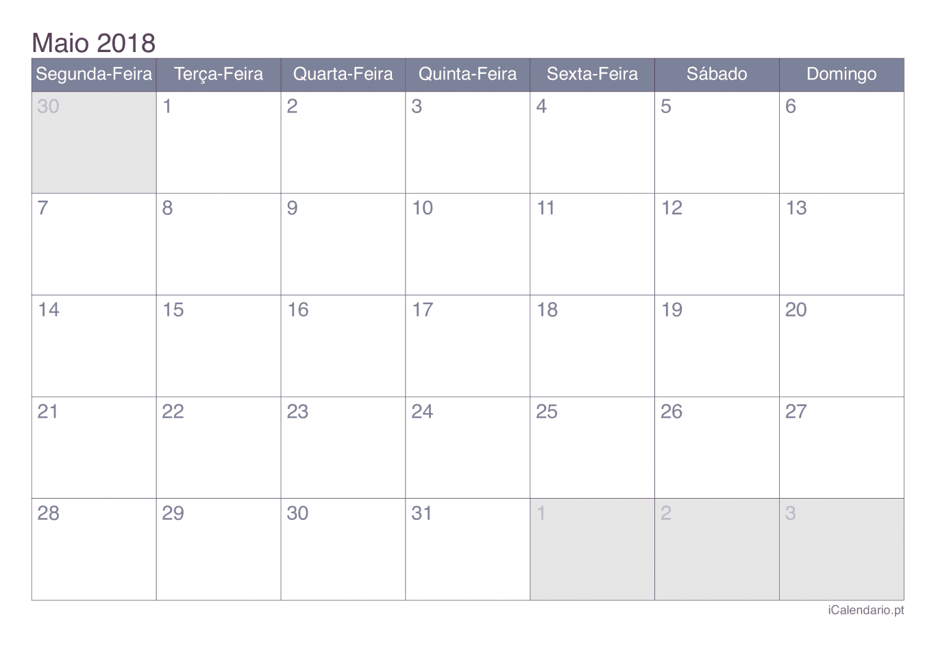 Calendário de maio 2018 - Office