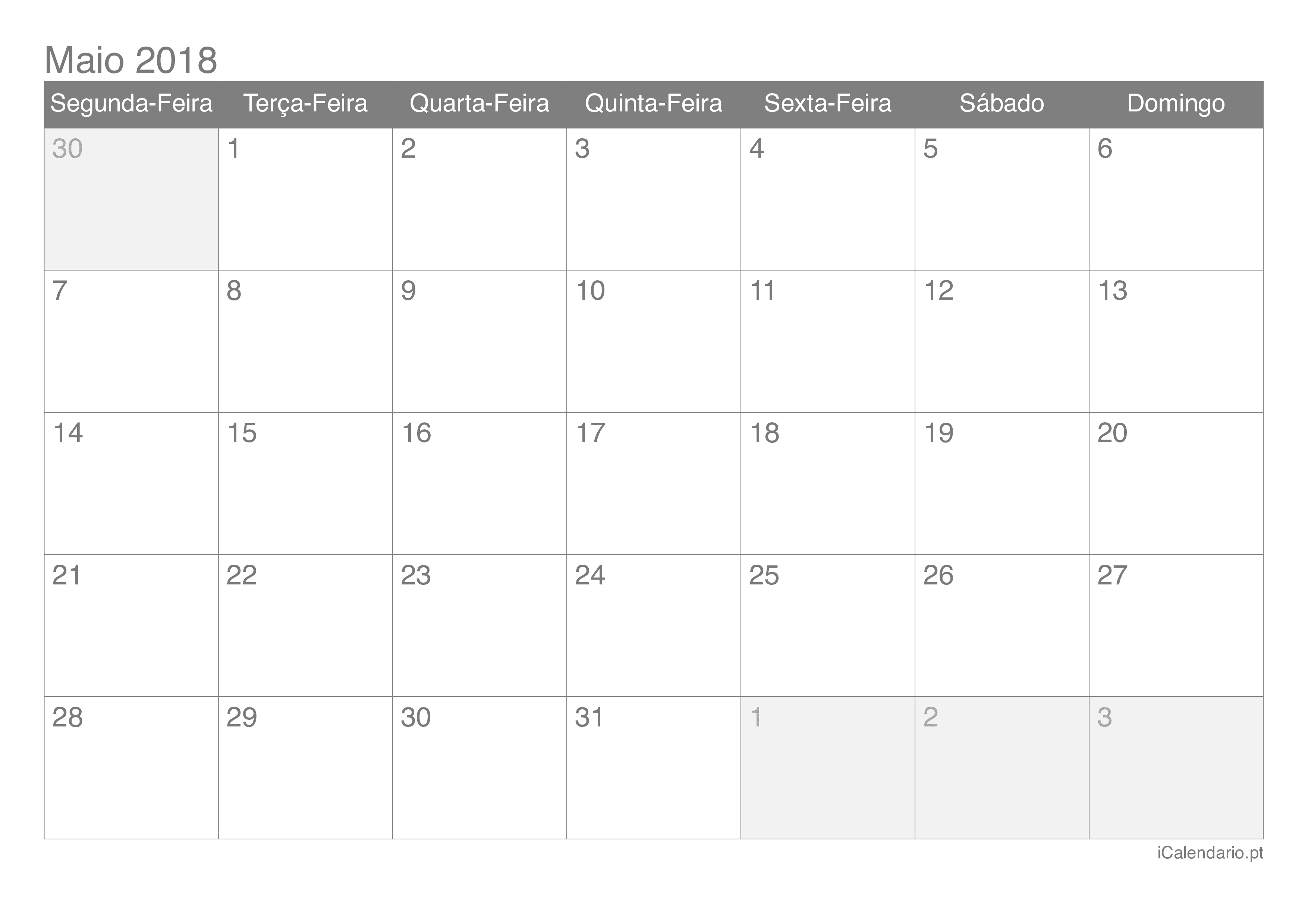 Calendário de maio 2018