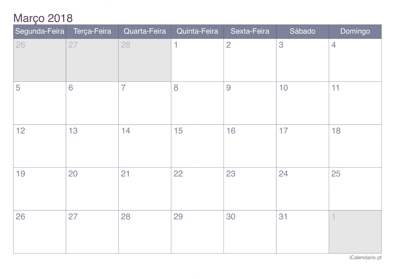 Calendário de março 2018 - Office