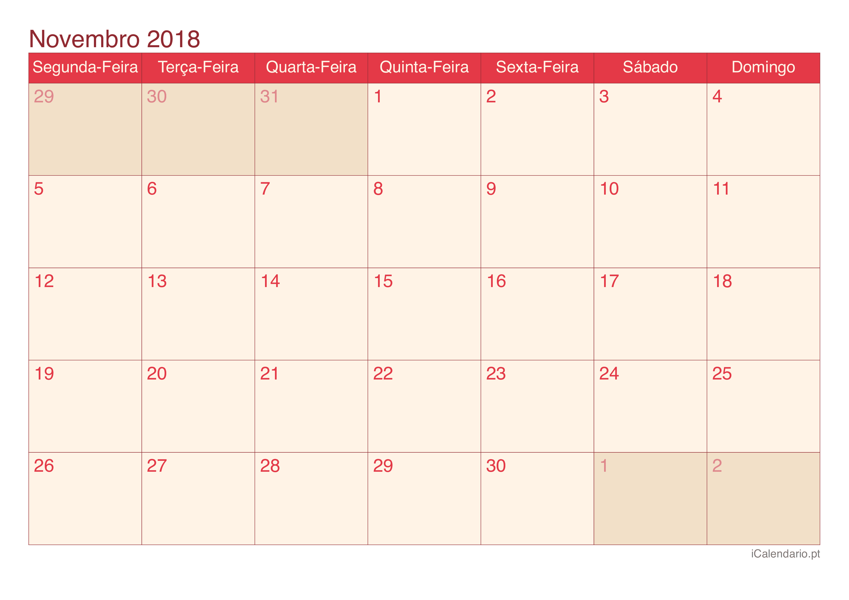 Calendário de novembro 2018 - Cherry