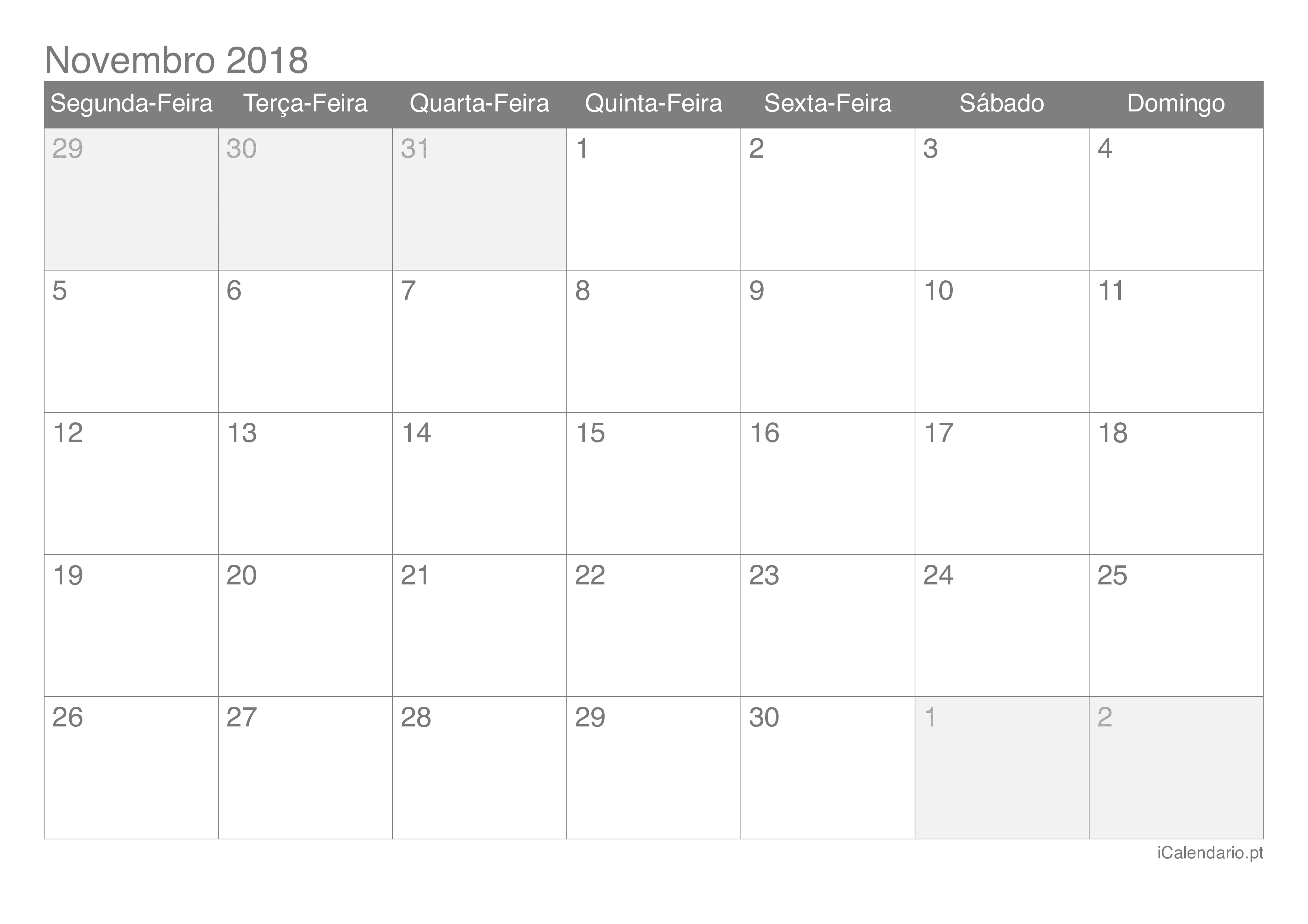 Calendário de novembro 2018