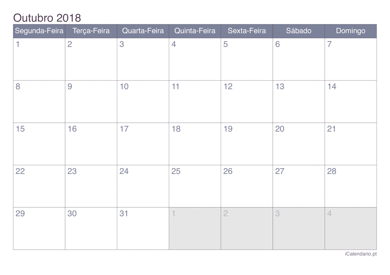 Calendário de outubro 2018 - Office