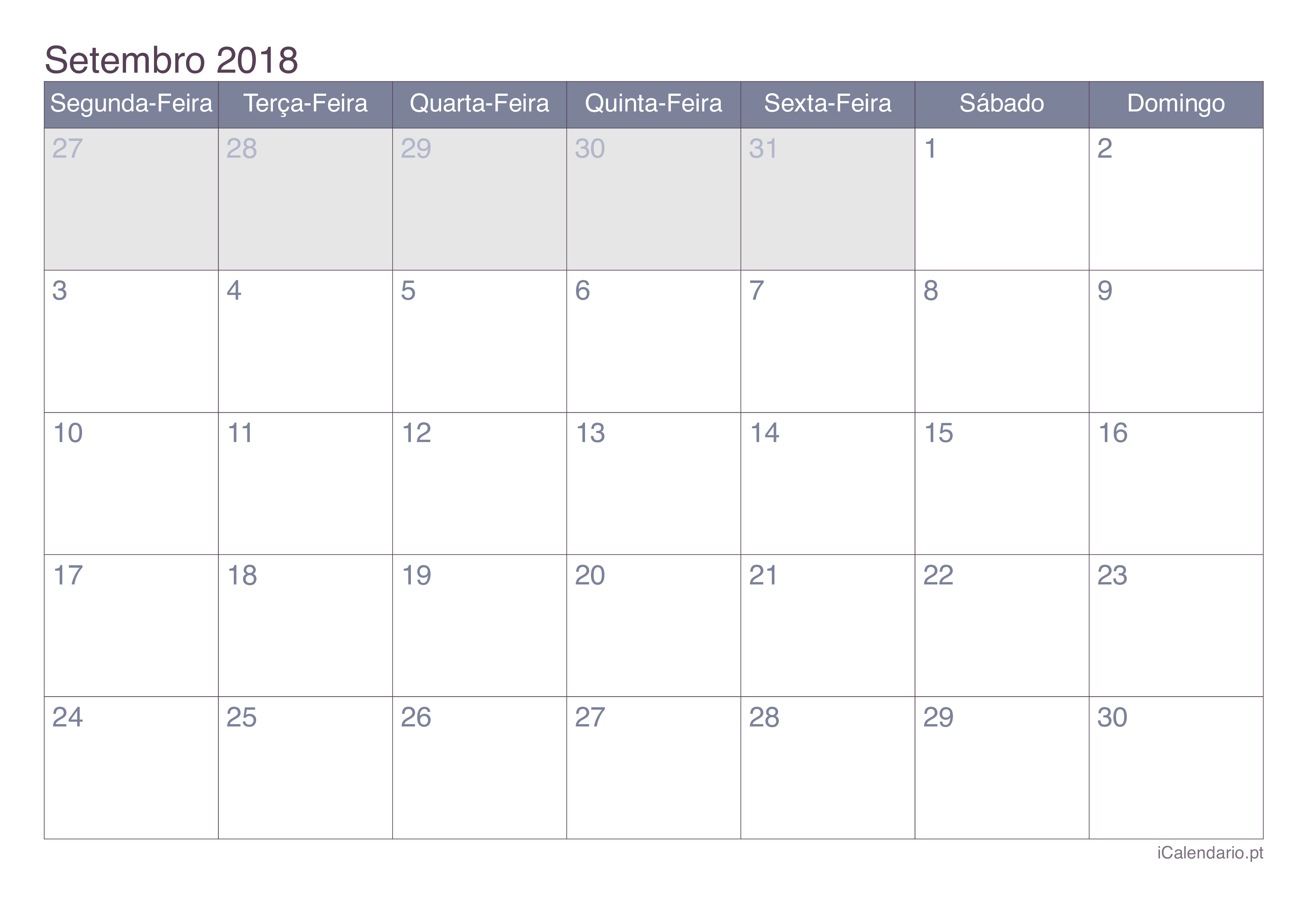 Calendário de setembro 2018 - Office
