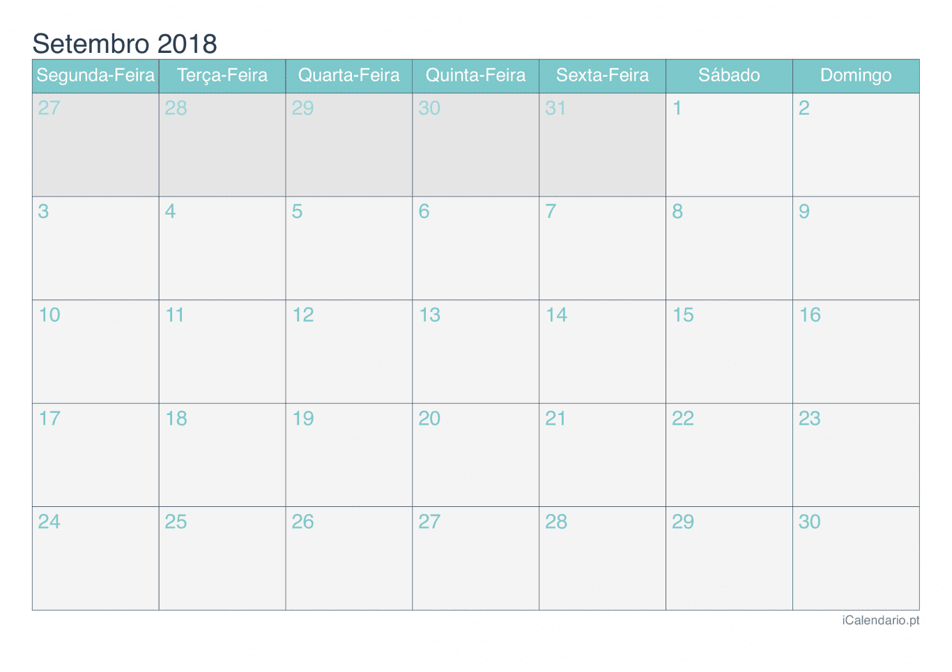 Calendário de setembro 2018 - Turquesa