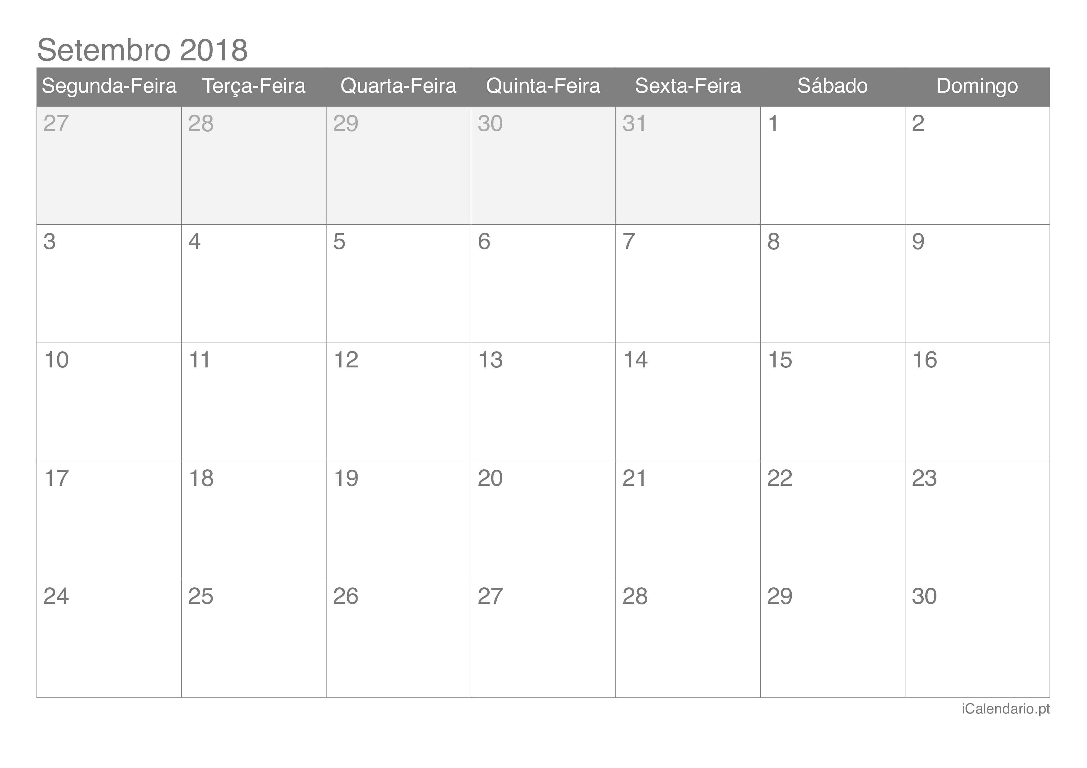 Calendário de setembro 2018