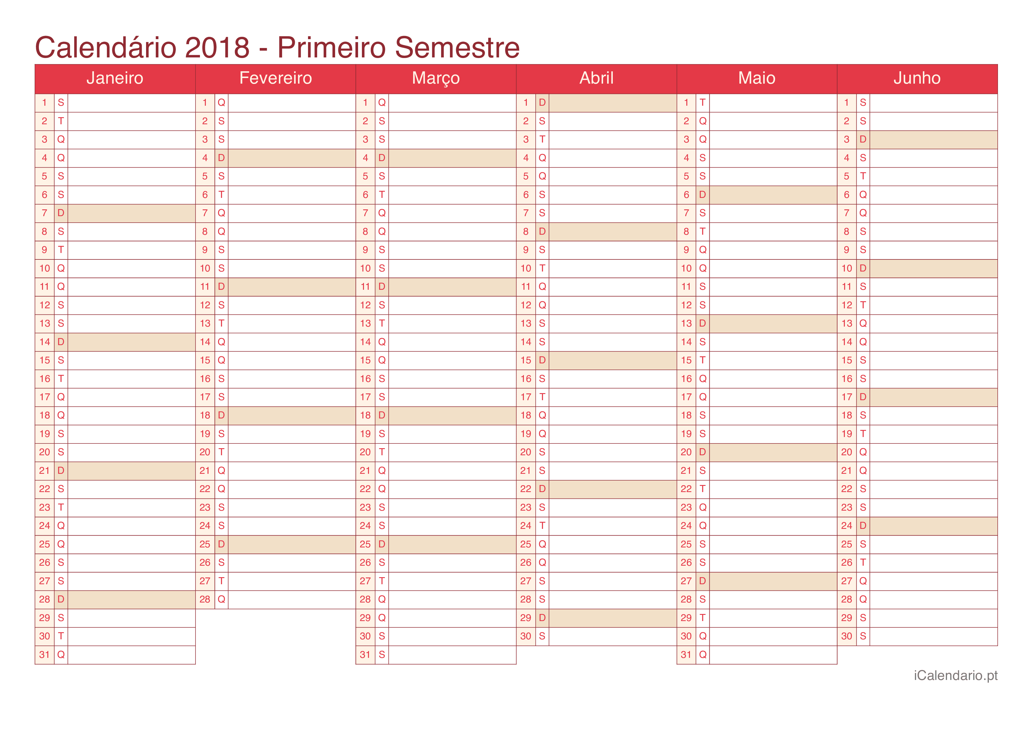 Calendário por semestre 2018 - Cherry